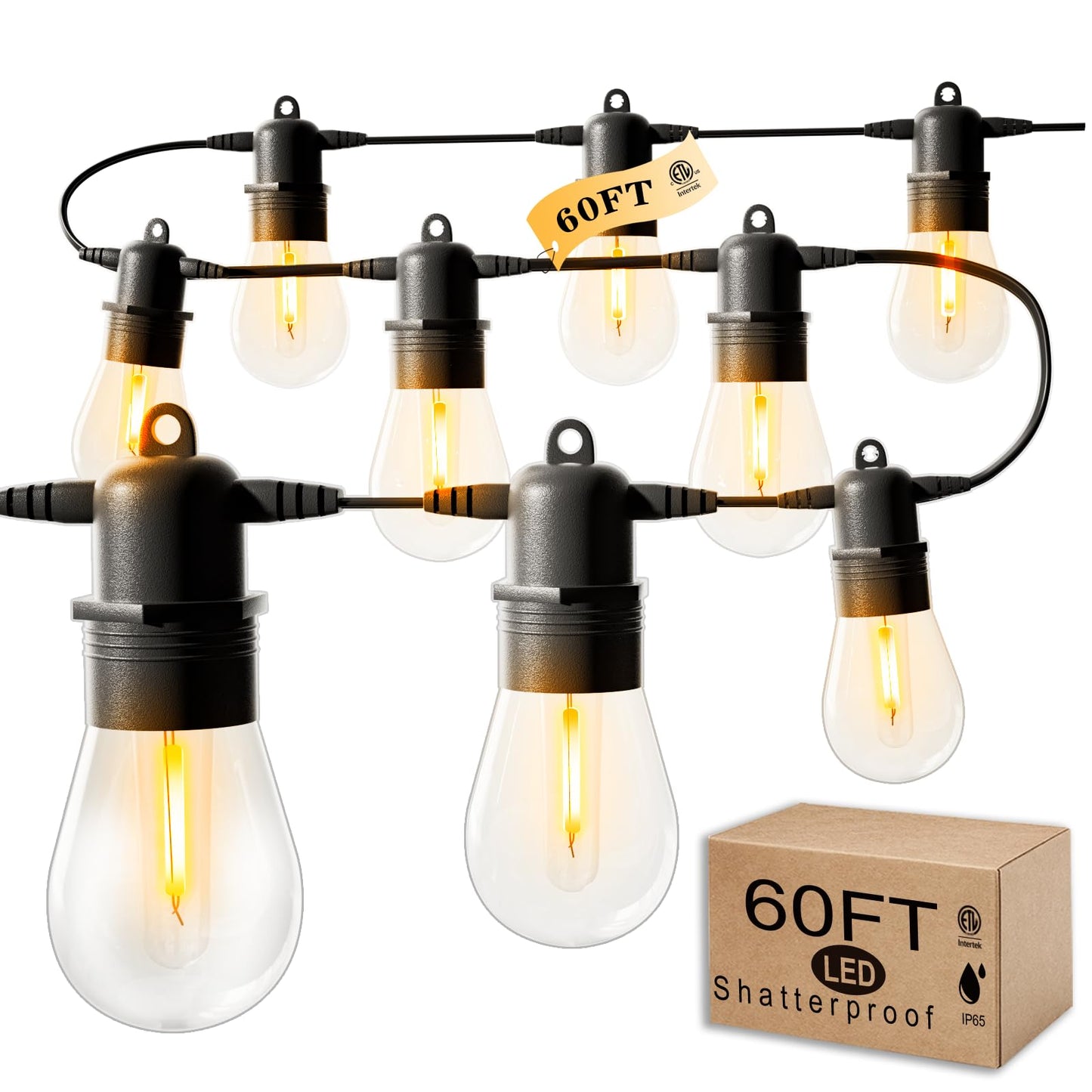 Luckystyle 60FT LED Outdoor String Lights with 16+1 Edison Shatterproof IP65 Waterproof Bulbs, 2700K Dimmable Commercial Grade Patio Lights, Heavy Duty Outside Hanging Lights for Garden Porch Decor