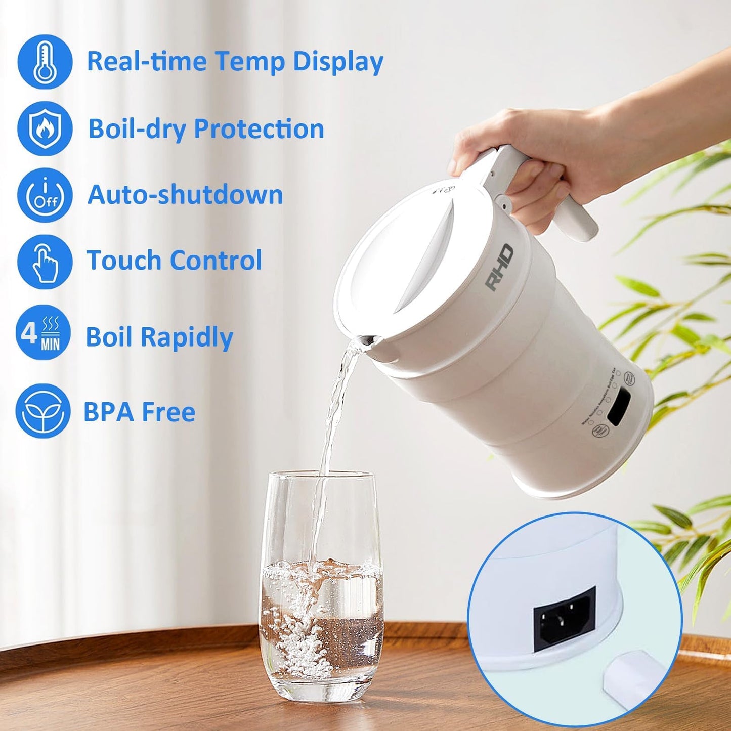Foldable Travel Electric Kettle, 0.7L Small Portable Camping Hot Water Kettle with Temperature Control & LED Display, Collapsible Silicone Boiler for Outdoor Business Trip, 600W