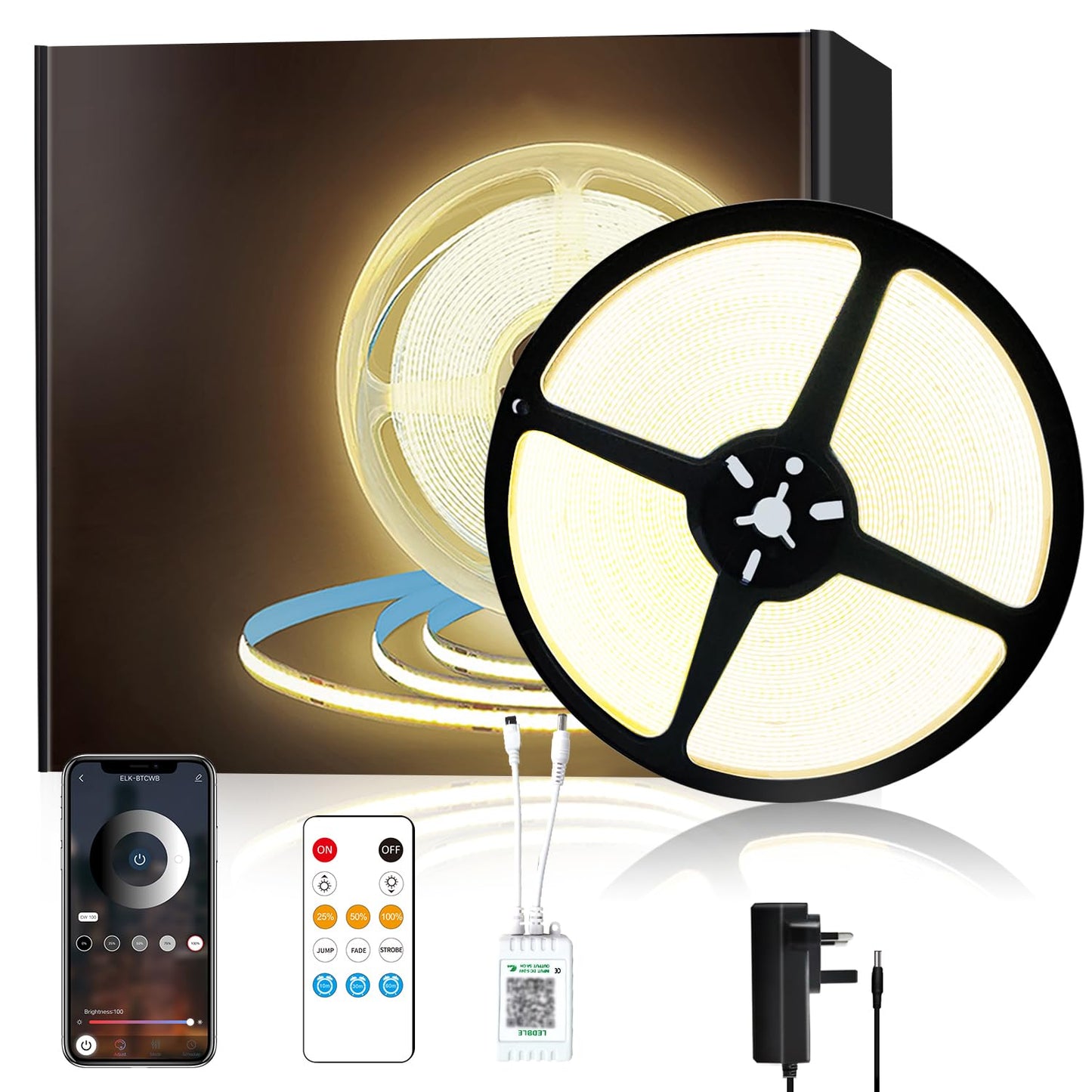 Yeewhale COB LED Strip Lights 65.6ft，3000K DC 24V Dimmable Warm White Flexible LED Tape Light for Bedroom, with Remote and App Control LED Tape Lights,for DIY Home Decoration
