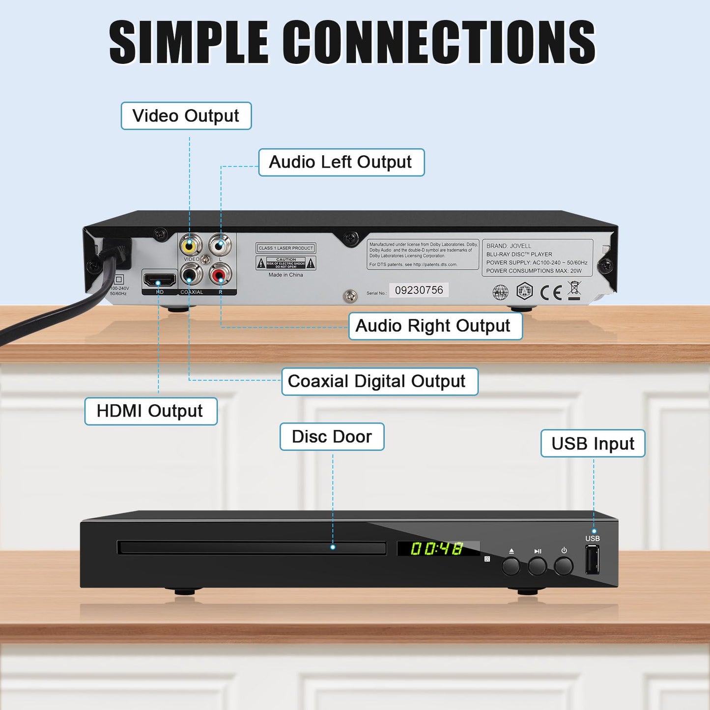 Blu Ray Player, HD Bluray DVD Player for TV, Play Region A/1 Blu-Ray Disc and All Region DVD Discs, Blu-ray Player DVD CD Player with HDMI AV Coaxial Output, USB Input, Built-in PAL NTSC (Zone A/1)