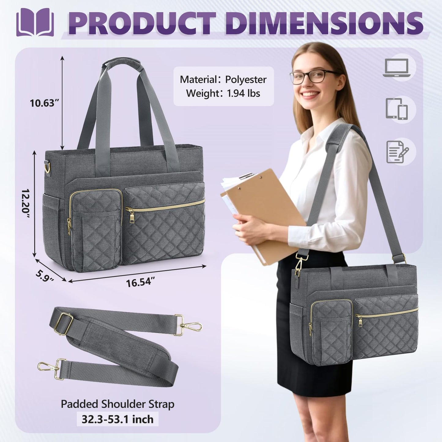 SDYSM Teacher Tote Bag for Women 15.6 inch Laptop Bag Work Bags Nurse Tote Professional Computer Messenger Shoulder Bags Laptop Briefcase for Office, College, Nursing,Grey
