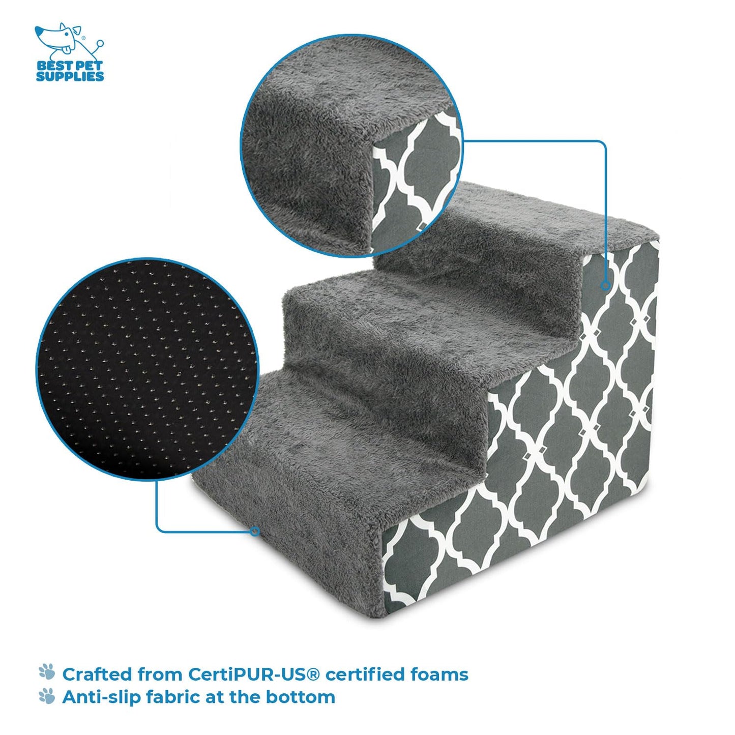Best Pet Supplies Foam Pet Steps for Small Dogs and Cats, Portable Ramp Stairs for Couch, Sofa, and High Bed Climbing, Non-Slip Balanced Indoor Step Support, Paw Safe - Gray Lattice Print, 3-Step