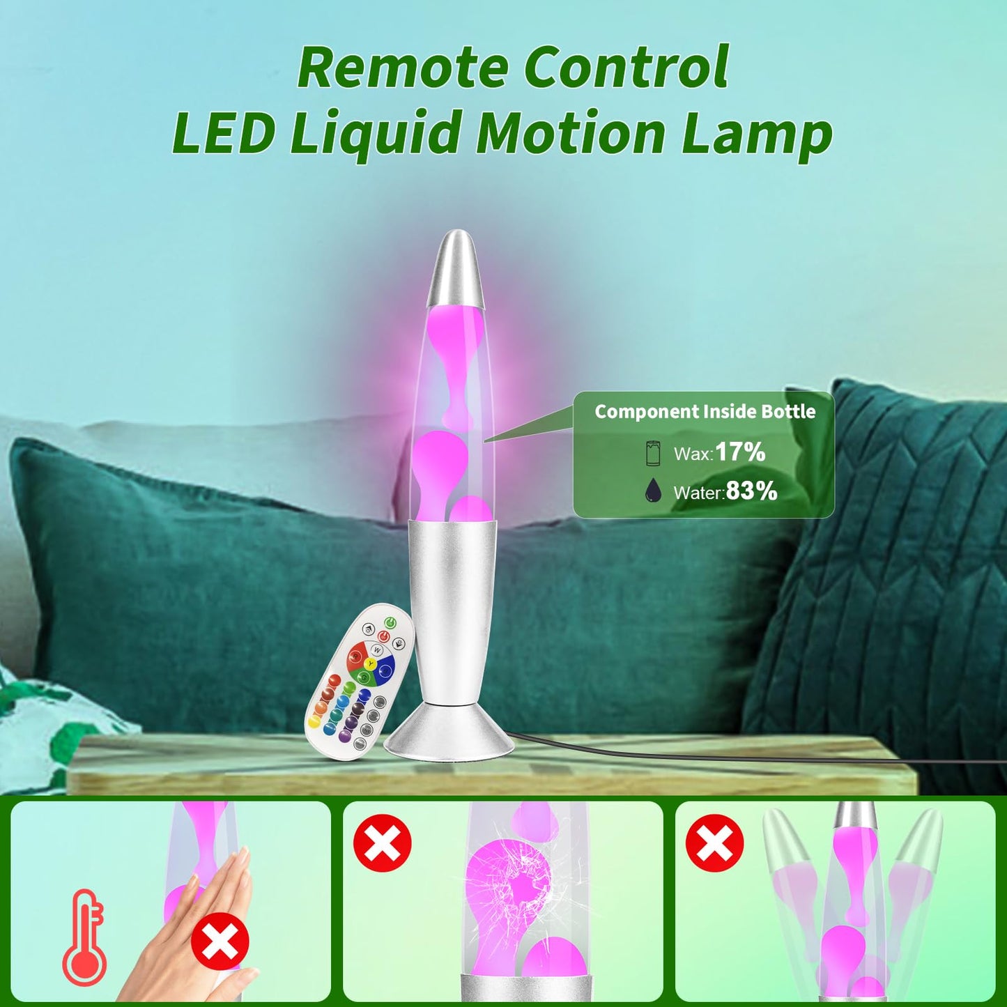 13.5in Liquid Motion Lamp, Remote Control LED Mood Light, 17 Colors Changing Night Light, LED Liquid Motion Lamp for Living Room, Bedroom or Game Room (Silver Base, White Wax and Water)