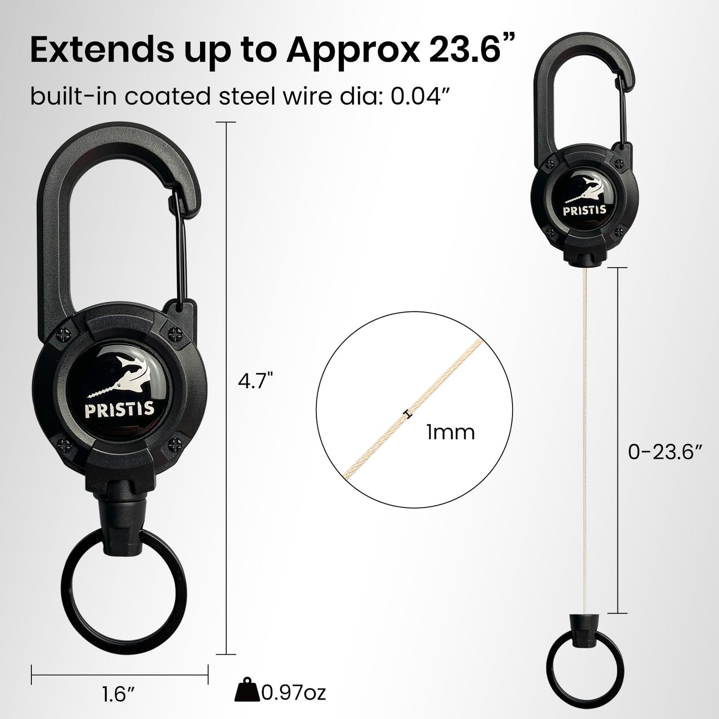 Pristis 3 Pack Heavy Duty Zinger Retractors, Saltwater Resistant 28" Stainless Steel Wire Rope Tether Carabiner Clip, Retractable Badge Reel Holder Belt Keychain Lanyard, Fly Fishing Gear Keeper