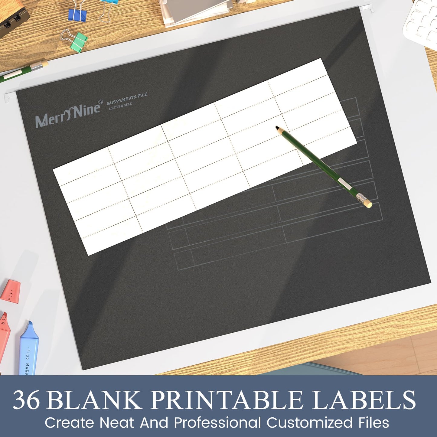 Merrynine 36pcs Black Hanging File Folders Letter Size, File Folders for Filing Cabinet with 1/5-cut Adjustable Tabs and Inserts