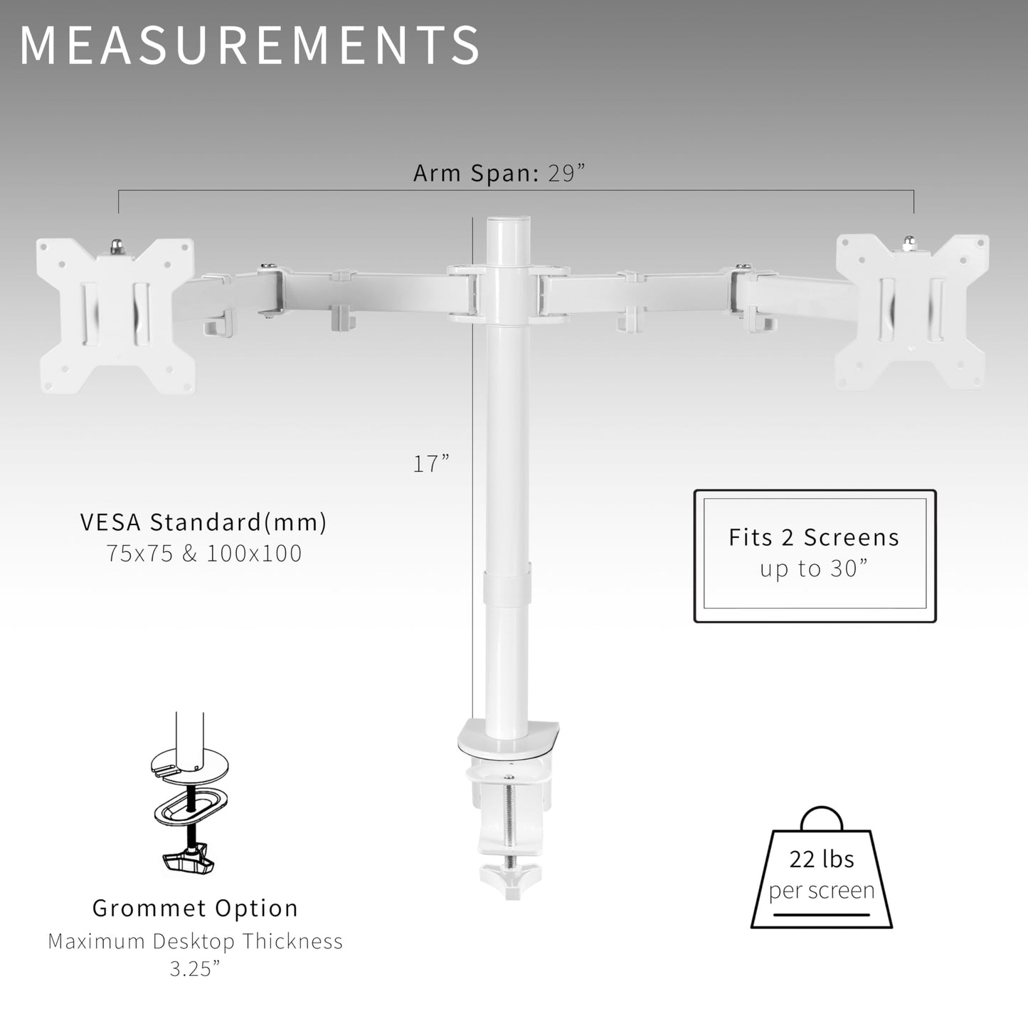 VIVO White Dual 13 to 27 inch LCD LED Monitor Desk Mount Stand with C-clamp and Bolt-Through Grommet, Heavy Duty Fully Adjustable Arms for 2 Screens STAND-V002W