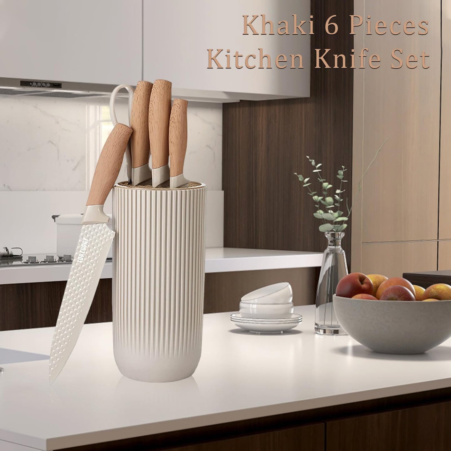 Kitchen Knife Set, 6-Pieces Khaki Sharp Knife Set for Kitchen, Non-Stick Non-Slip Stainless Steel Chef Knife Set with Universal Knife Block Suitable for Home Restaurant (Khaki)