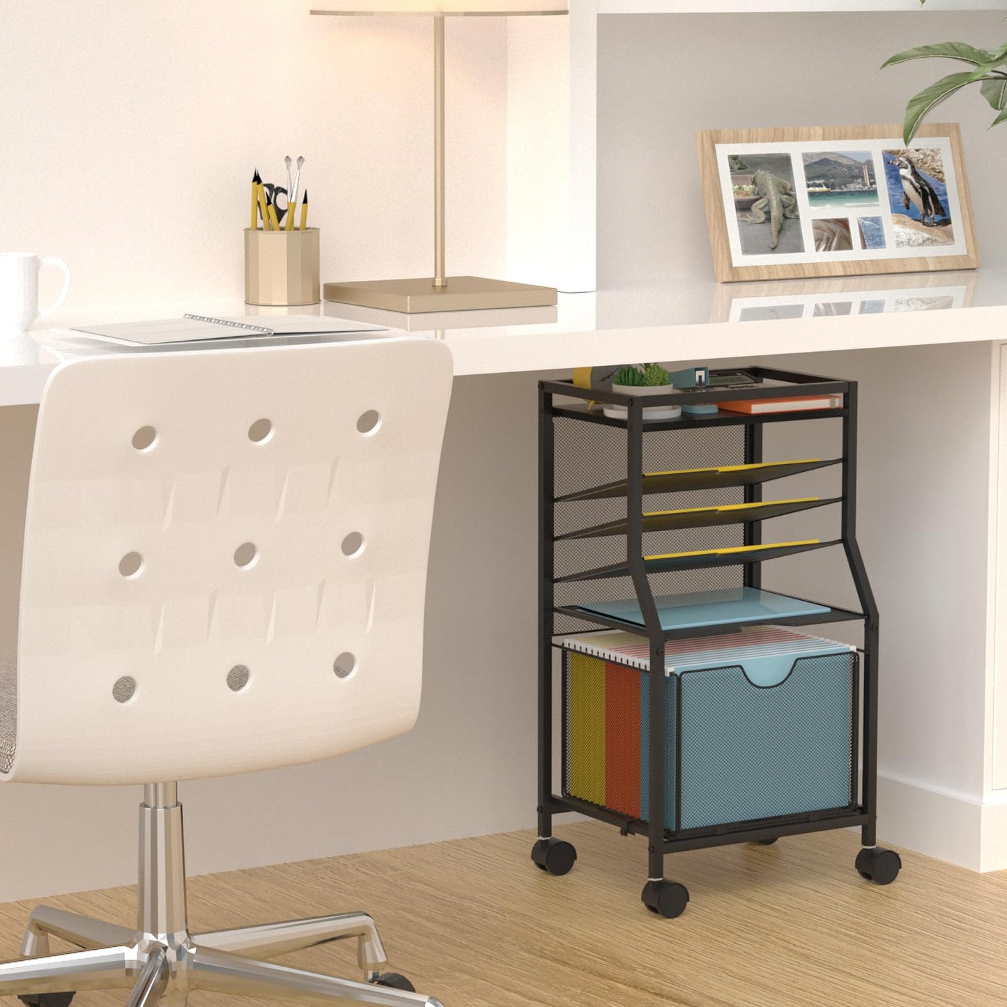 BOHDK Rolling File Cart, 6-Tier Under Desk Organizer on Lockable Wheels, Black Wood Planks & Mesh File Cart with Sliding Drawer and Paper Trays for Office Home School, Black Board