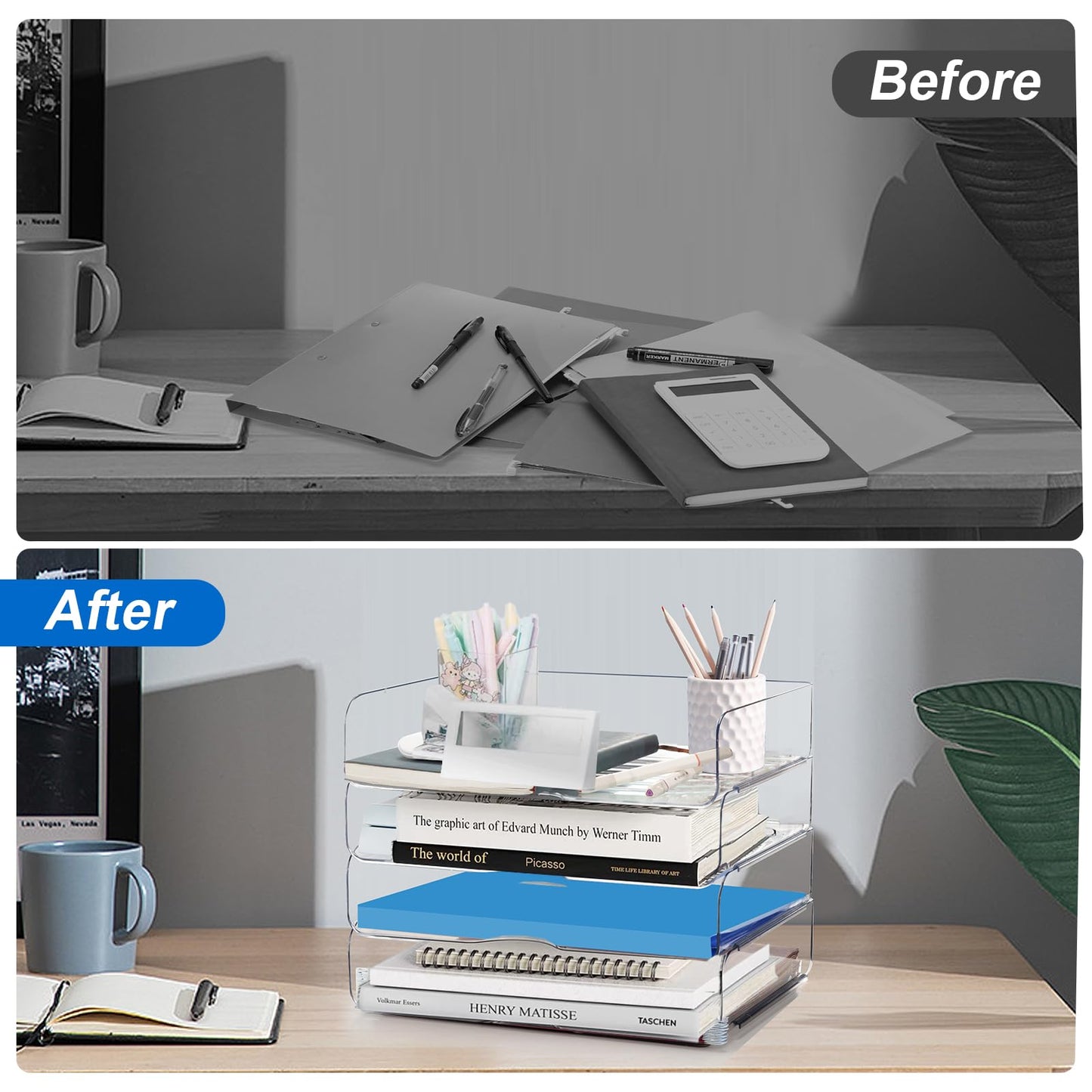 Desk Organizer and Tray, 4-Tier Paper Letter Tray, Stackable Clear Desktop Organizer for Documents, Paper, Books and Magazines, Office Supplies (Clear, 4 Pack)