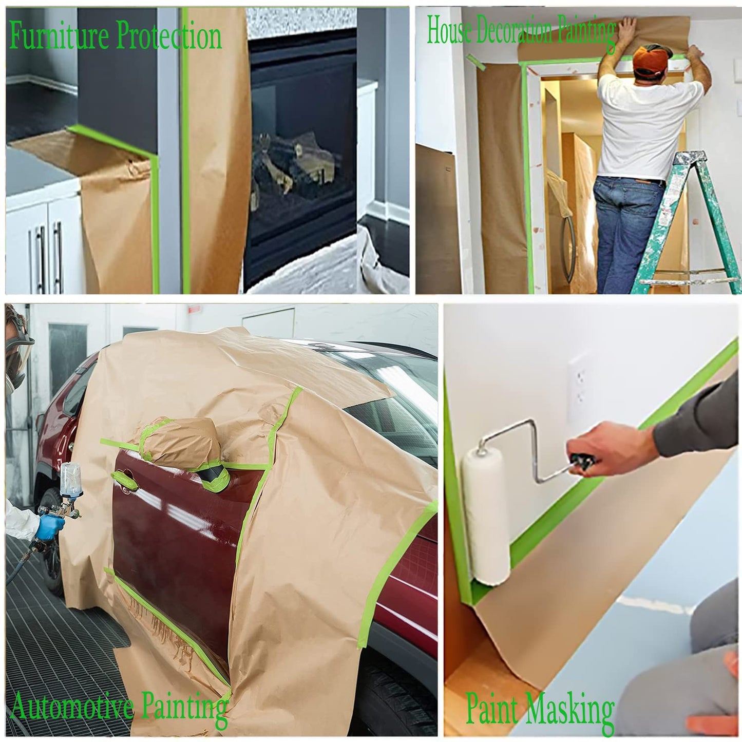 Pre-Taped Masking Paper for Painting - 6 inch x 50 feet Tape and Drape Painters Paper, Paint Adhesive Protective Paper Roll for Covering Skirting, Cars and Auto Body (6 Rolls) (6, 6inch X 50feet)