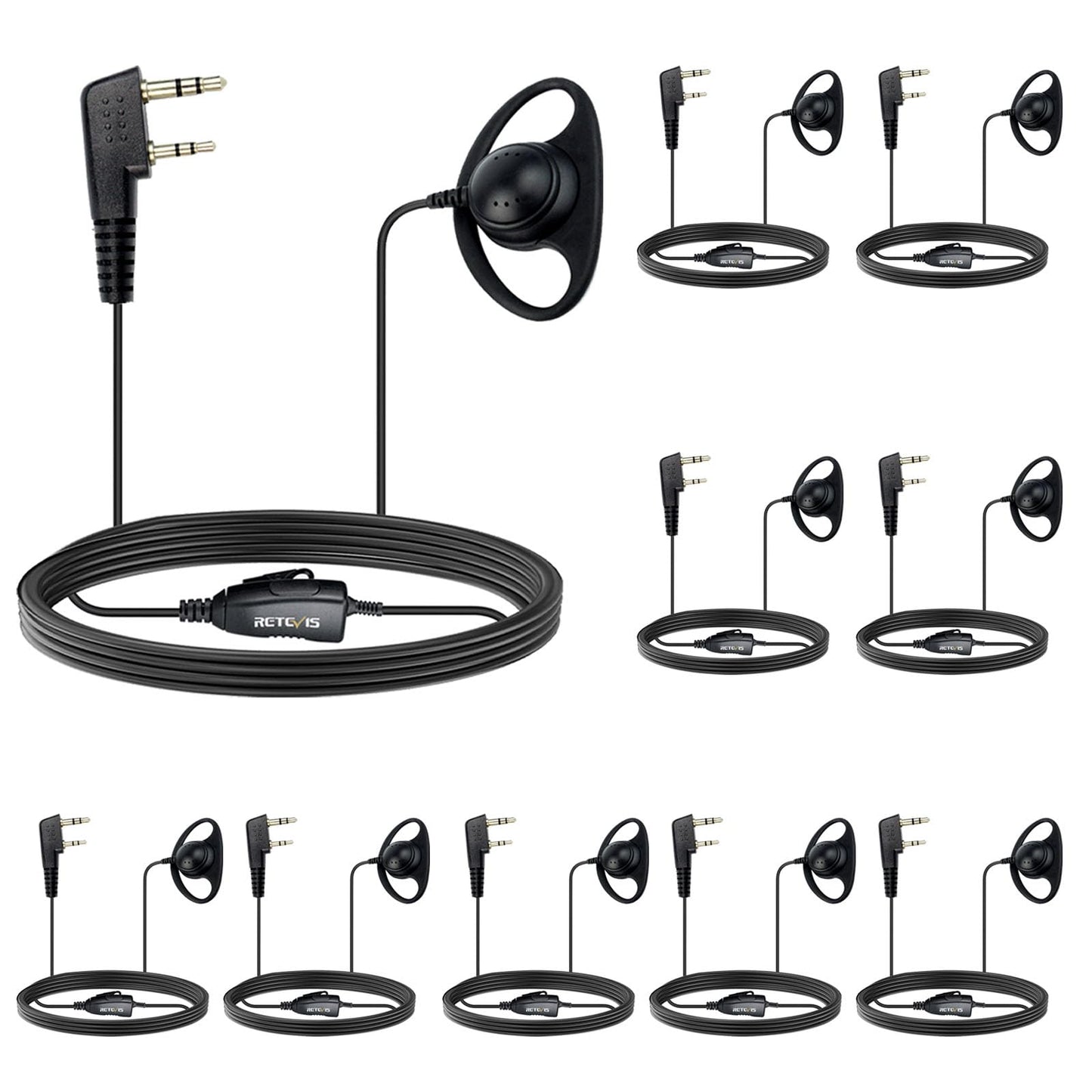 Retevis Walkie Talkie Earpiece with Mic, 2 pin, D Shape, for Retevis RT21 RT68 RT68H H777 H777H, Compatible with Baofeng BF-888S BF-T26 Kenwood Walkie Talkies, Two Way Radio Earpiece(10 Pack)