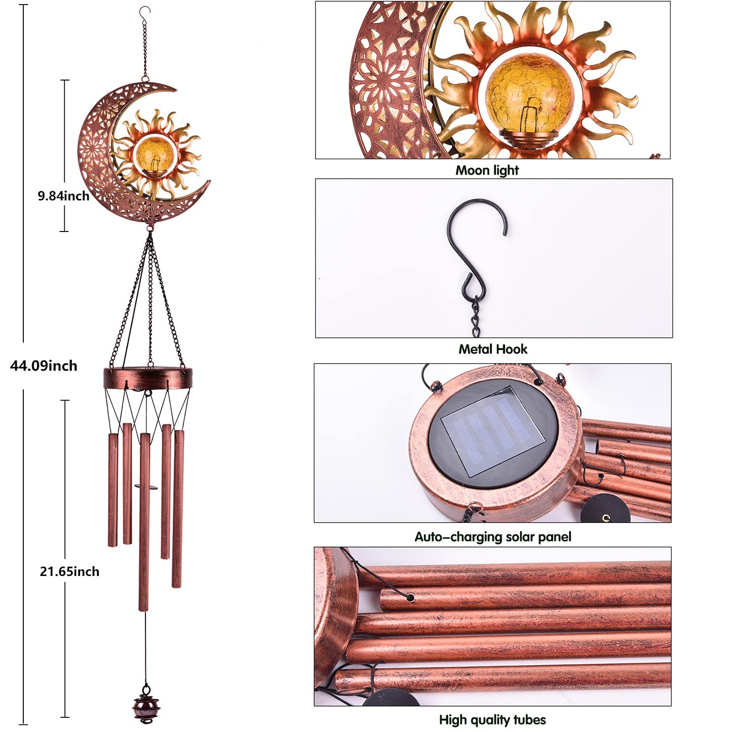 Solar Wind Chimes,Outside Moon Sun Lights Waterproof Wind Chime for Garden, Tree, Patio Hanging Decor