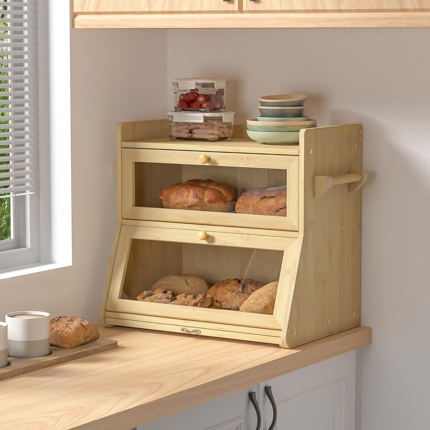 Giluta Double Layer Bread Box for Kitchen Counter, Large Bread Storage Container with Clear Acrylic Door, Bamboo Farmhouse Bread Organizer Countertop Breadbox