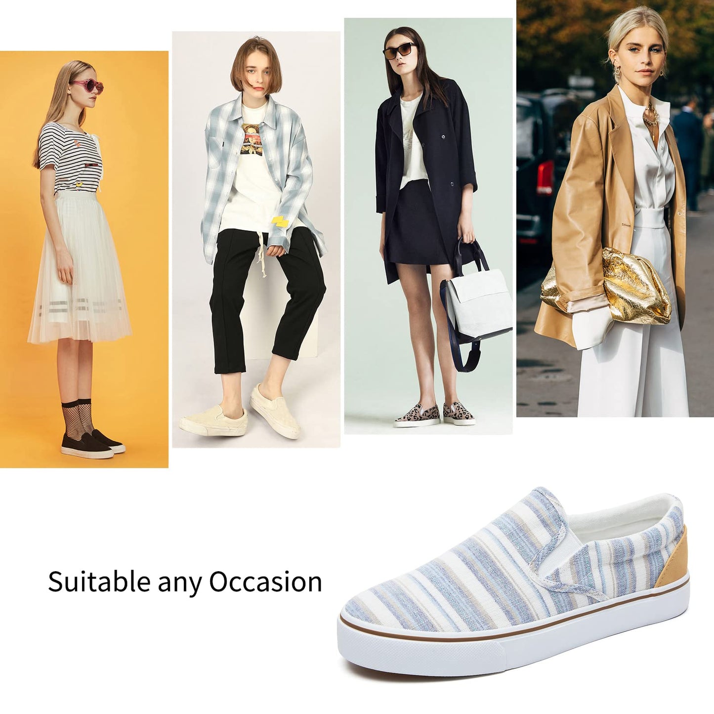 Women's Slip on Shoes Canvas Sneakers Loafers Non Slip Shoes Low Top Casual Shoes, Light Blue Stripes, 7.5