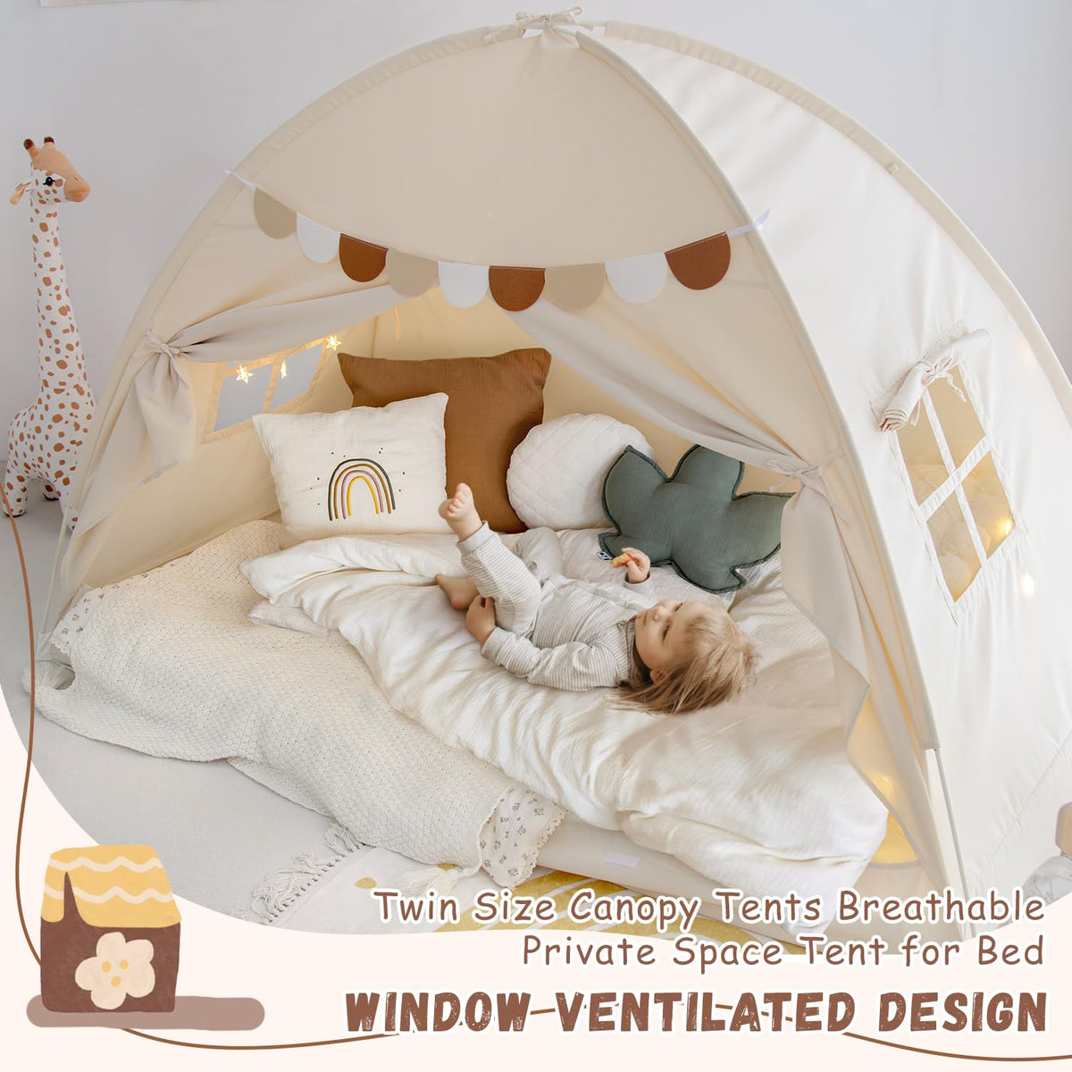 Bed Tent for Indoor Use - Privacy Kids Tent on The Bed, Sleep Inside Drafting Room, Twin Bed Blackout Space Canopy (Natural)