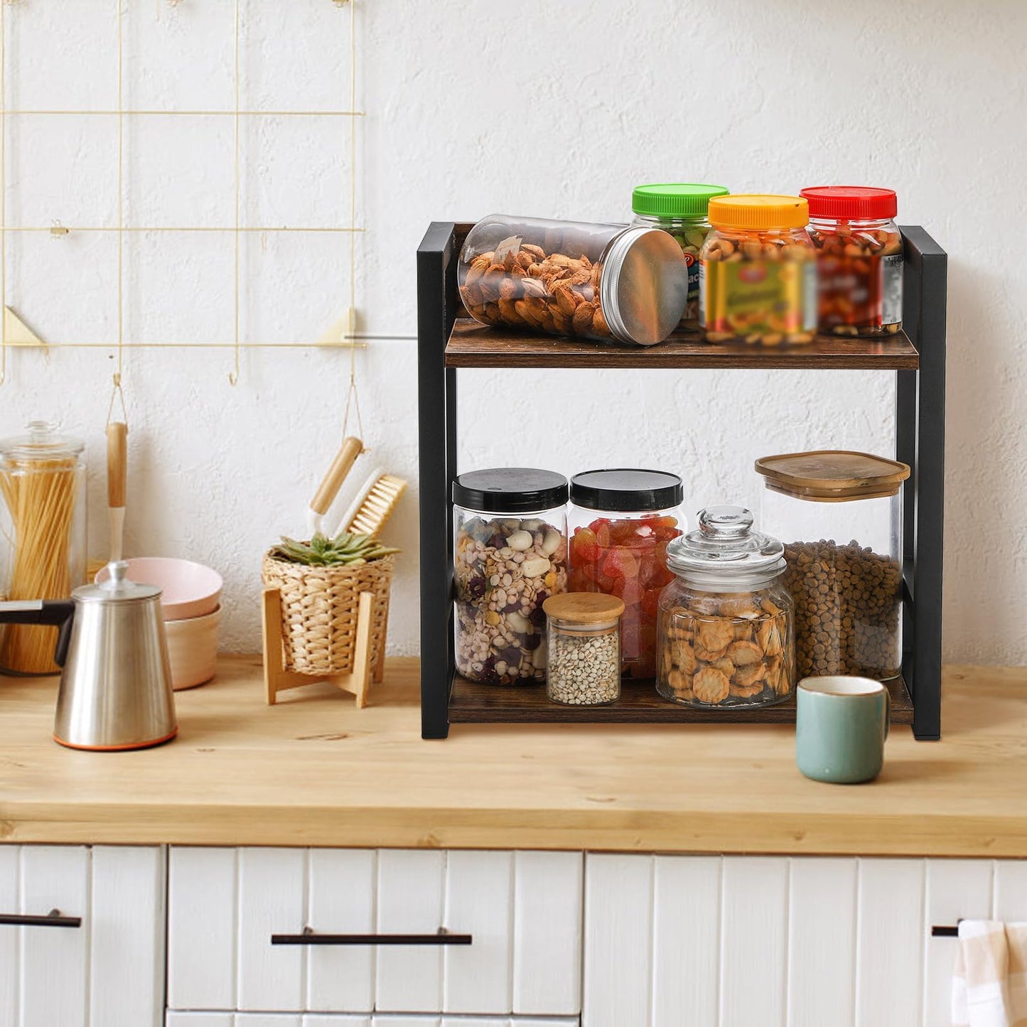 Youeon Wooden Coffee Bar Organizer 15.7x7x15.2 in, 2 Tier Kitchen Countertop Organizer for Coffee Bar Accessories, Wooden Shelf for Spice Jars, Condiment, Syrup Bottles, Kitchen, Office
