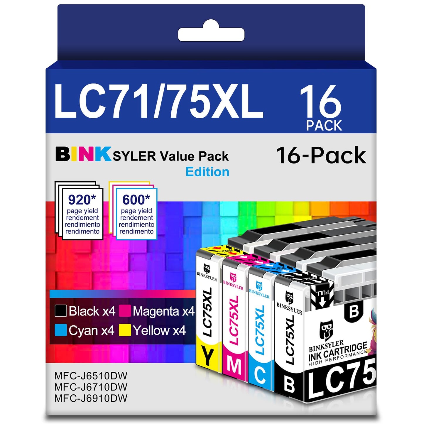 16-Pack LC75 Ink Cartridges Compatible for Brother LC75 LC71 LC79 XL LC-75 LC-71 LC-79 Ink for MFC-J280W MFC-J425W MFC-J430W MFC-J6510DW MFC-J6710DW MFC-J6910DW (4BK 4C 4M 4Y)