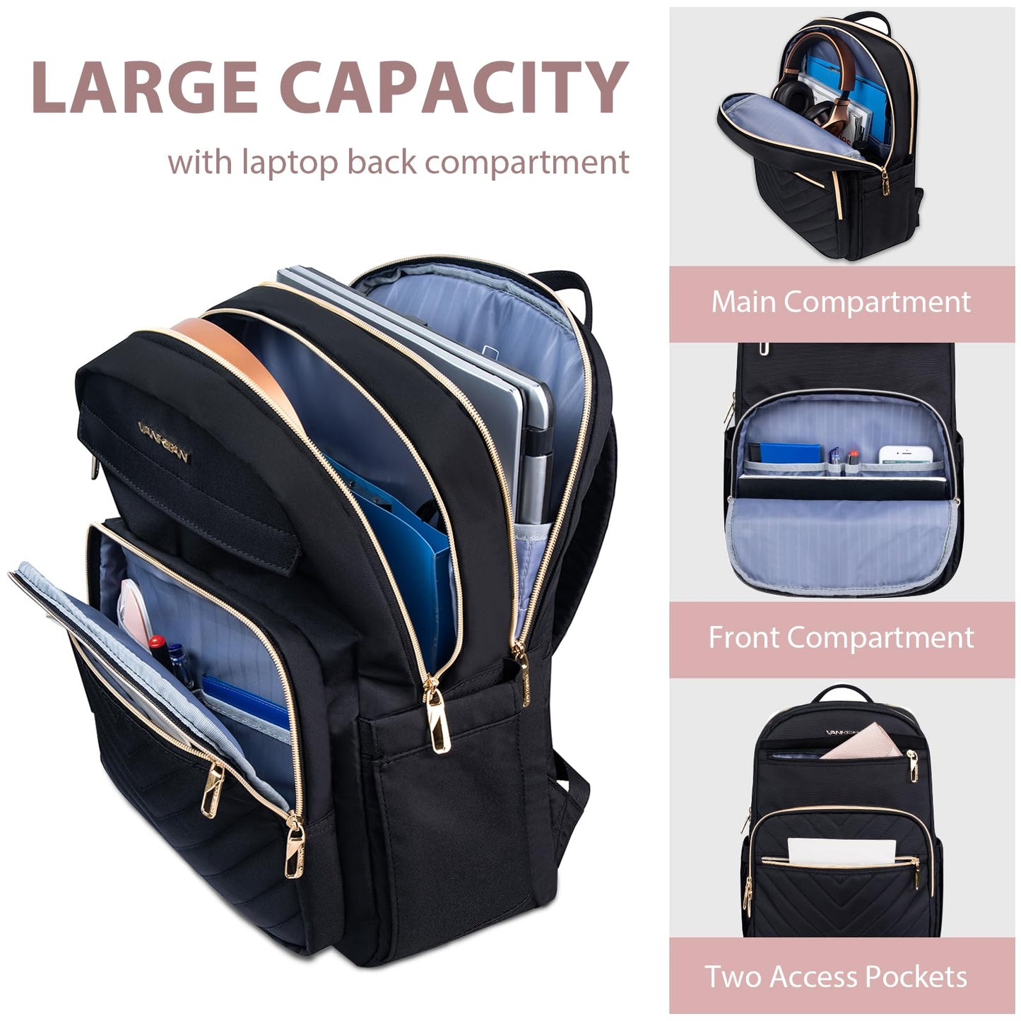 VANKEAN Laptop Backpack for Women Men Work Laptop Bag Fashion with USB Port, Daypacks for College, Business (Black, 15.6 Inch)