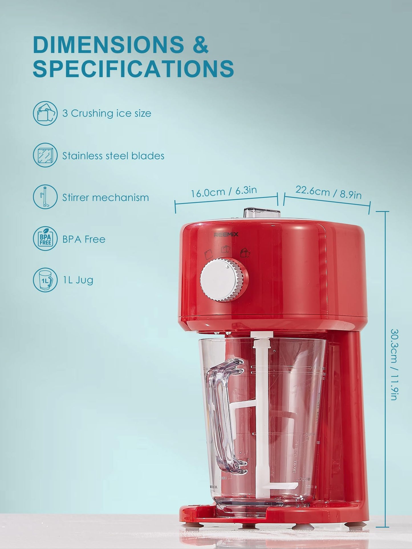 Reemix Shaved Ice Machine, Electric Ice Shaver and Snow Cone Machine with Large Capacity Storage, Portable Ice Crusher Ice Thickness Can be Adjusted (Red)