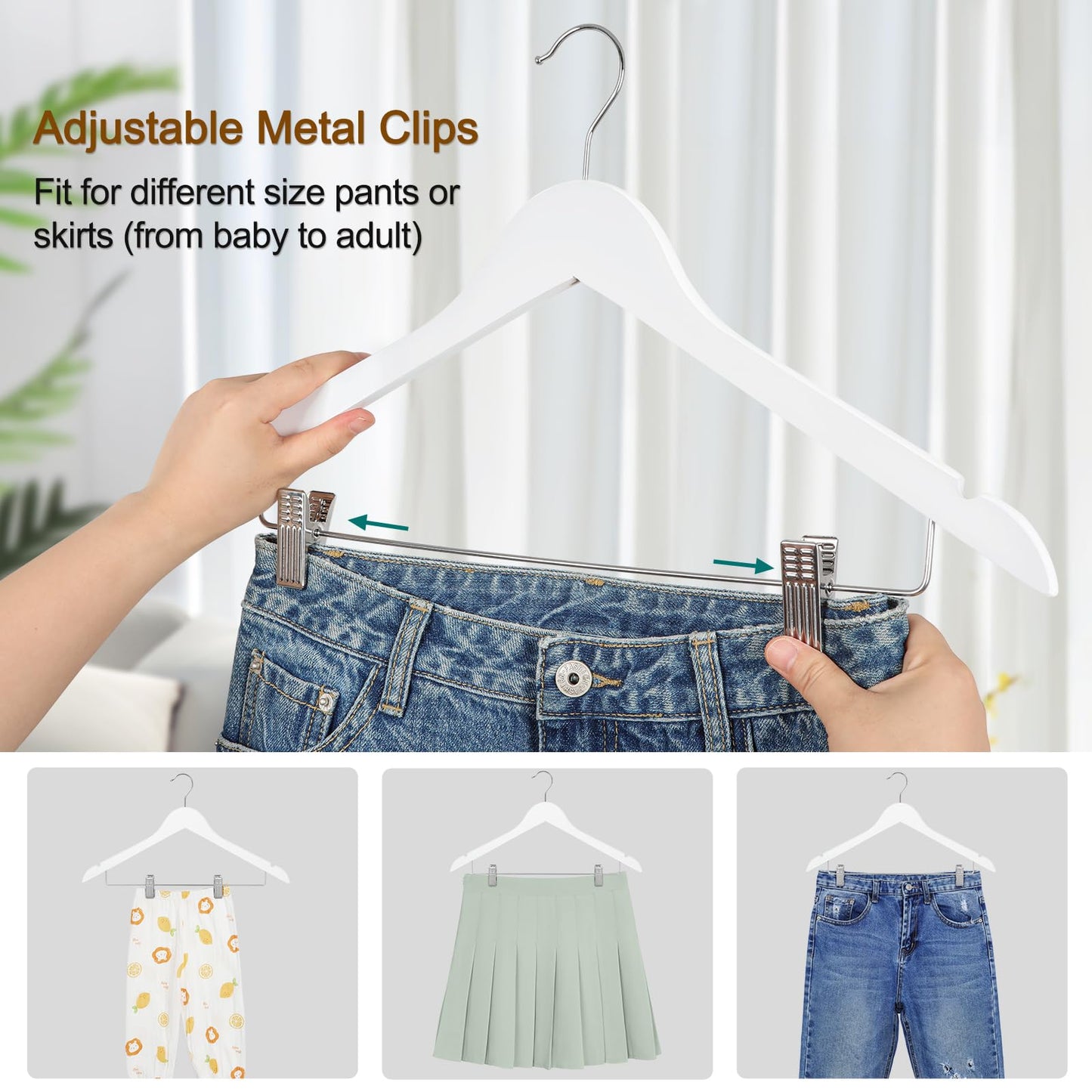 TOPIA HANGER Wooden Suit Hangers with Adjustable Metal Clips (20 Pack), Solid Smooth Wood Clothes Hangers, 360° Swivel Hook, Premium Pants Hangers for Clothes Coat, Jeans, Blouse-White,CT28W20