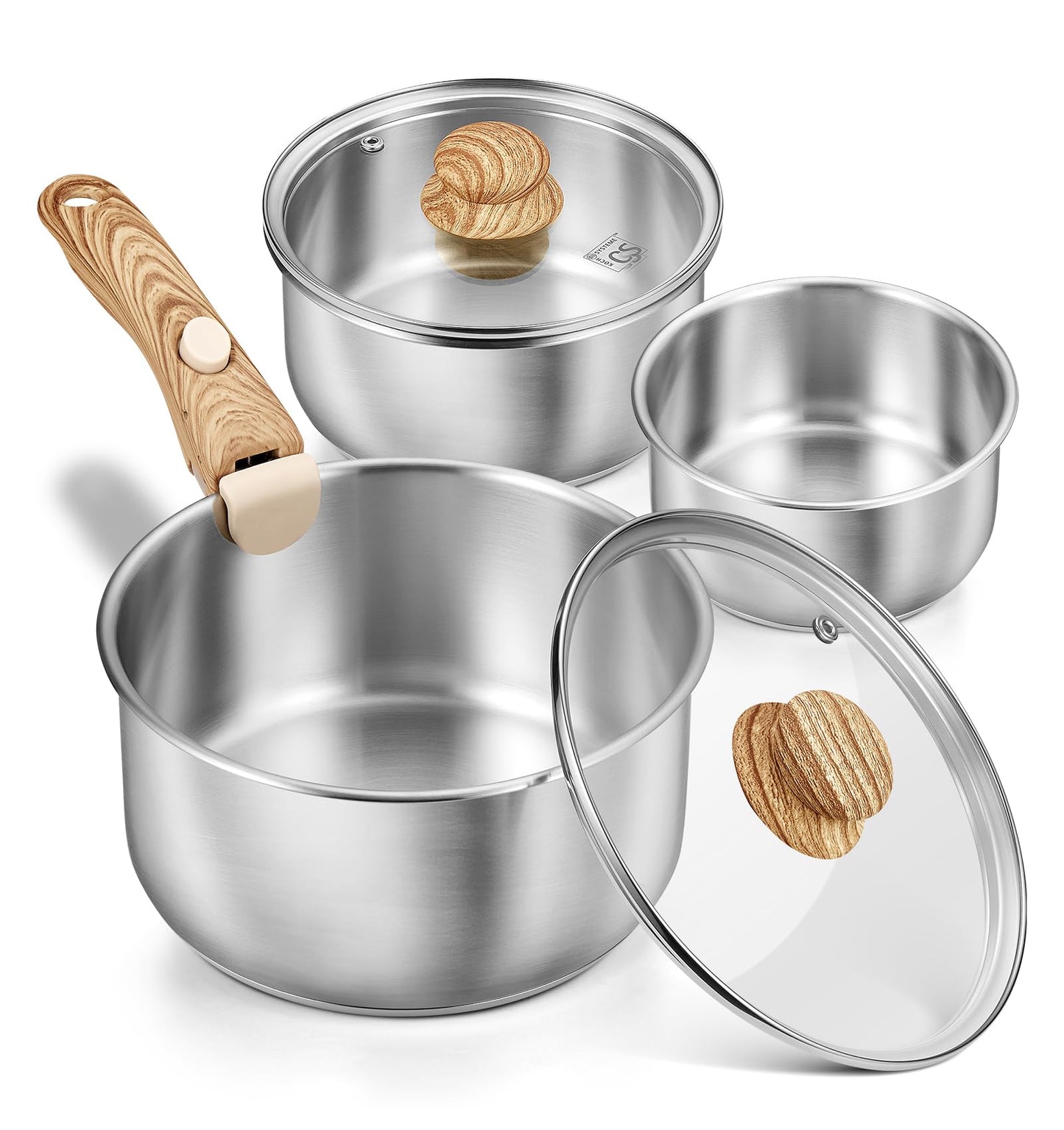 KOCH SYSTEME CS 6 PCS Stainless Steel Pot Set, 1.5QT & 2QT & 3QT Stainless Steel Saucepan with Removable Handle, Sauce Pan with Tri-Ply Steel Base, Induction Compatible, Dishwasher & Oven Safe