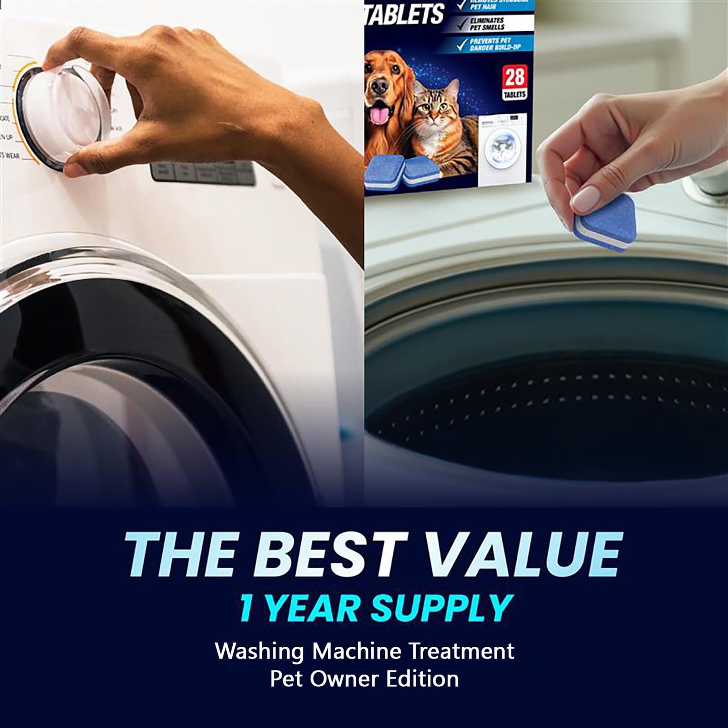 Washing Machine Cleaner Pro Tablets for Pet Owners - 56 Pack, Front & Top Load Washer Deep Cleaning, Septic Tank Safe, HE Support, Remove Stubborn Pet Hair, Eliminates Smells, Prevents Dander Build-up