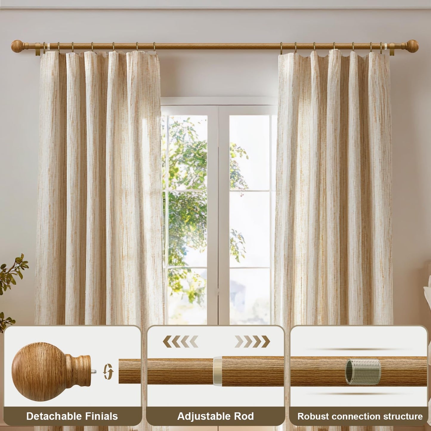 Wood Curtain Rods Set 2 Pack for Windows 48 to 84 Adjustable 1 inch Diameter Heavy Duty Window Rod Decorative Wooden Modern Boho Curtain Rods with Brackets Large Long Expandable Single Window Rod