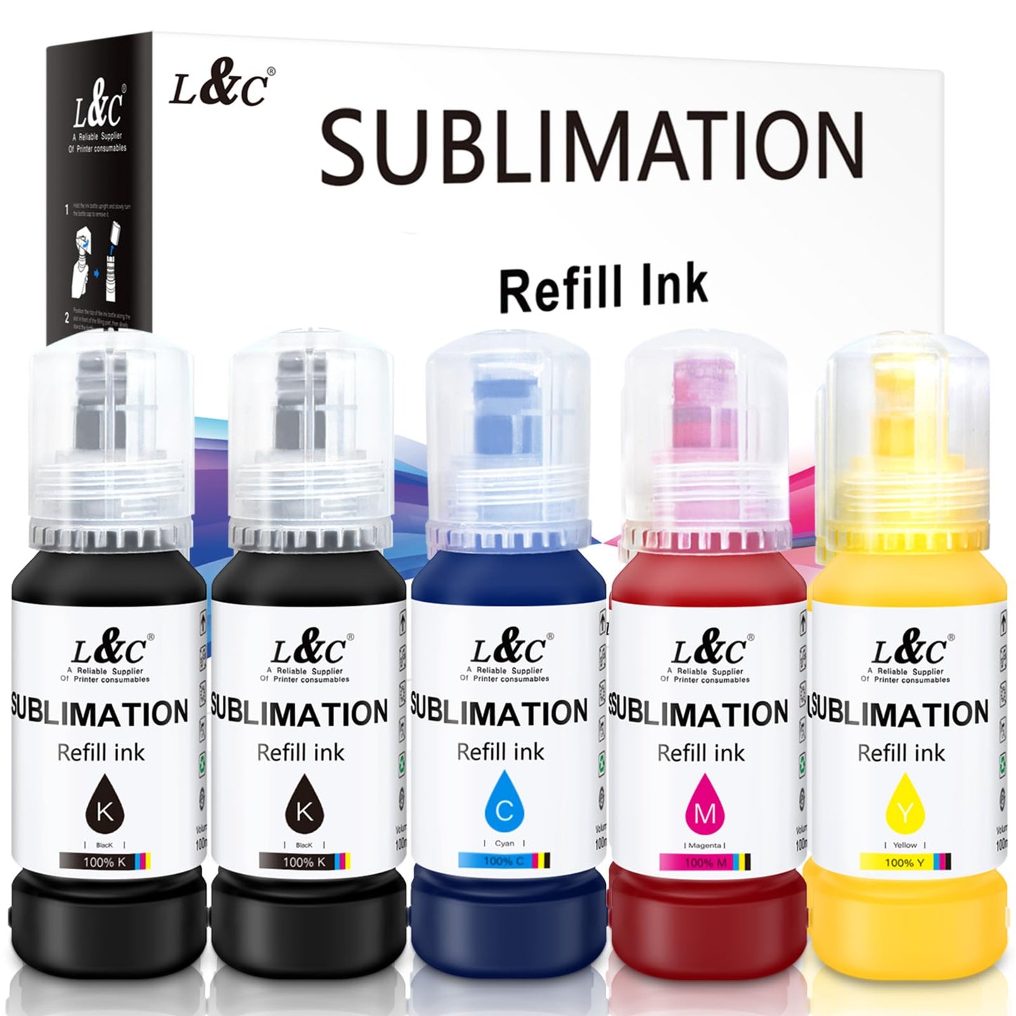 L&C Sublimation Ink Refill for Ecotank Supertank Inkjet Printer ET-2400 ET-2760 ET-2720 ET2800 ET-2803 ET-2850 ET-15000 ET4800 Heat Press Transfer for T-Shirt Mug Anti-Clog Autofill ICC-Free 5X100ML