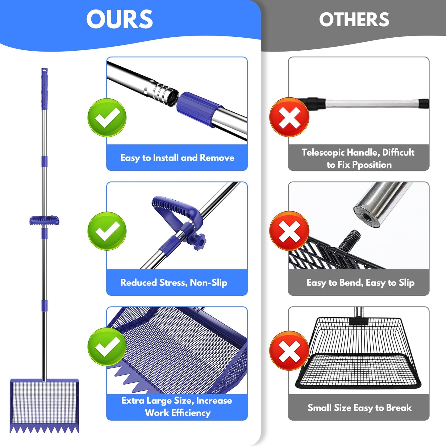 Chicken Poop Scooper & Rake 2-in-1, 304 Stainless Steel Shovel Head, Chicken Litter Scoop with Handle for Chicken Coop & Pet Waste Cleaning, Litter Sifting Shovel (35 to 65")