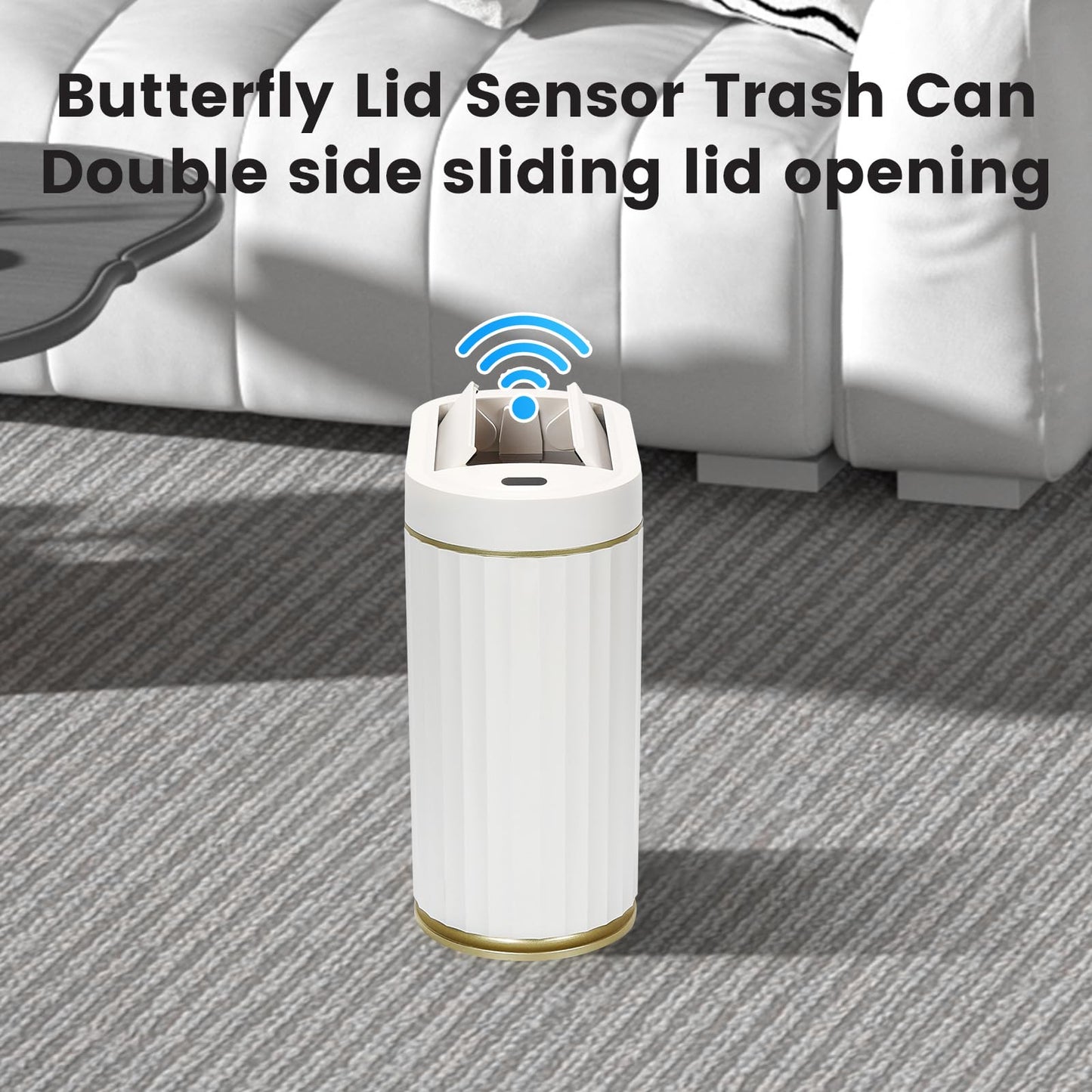 SYNCVIBE Bathroom Trash Can with Butterfly Lid 2 Gallon Sensor Trash can, IPX5 Waterproof Garbage Can, Automatic Slim Trash Bin, Under-Counter Wastebasket, Bathroom Decor for Bedroom, White Gold
