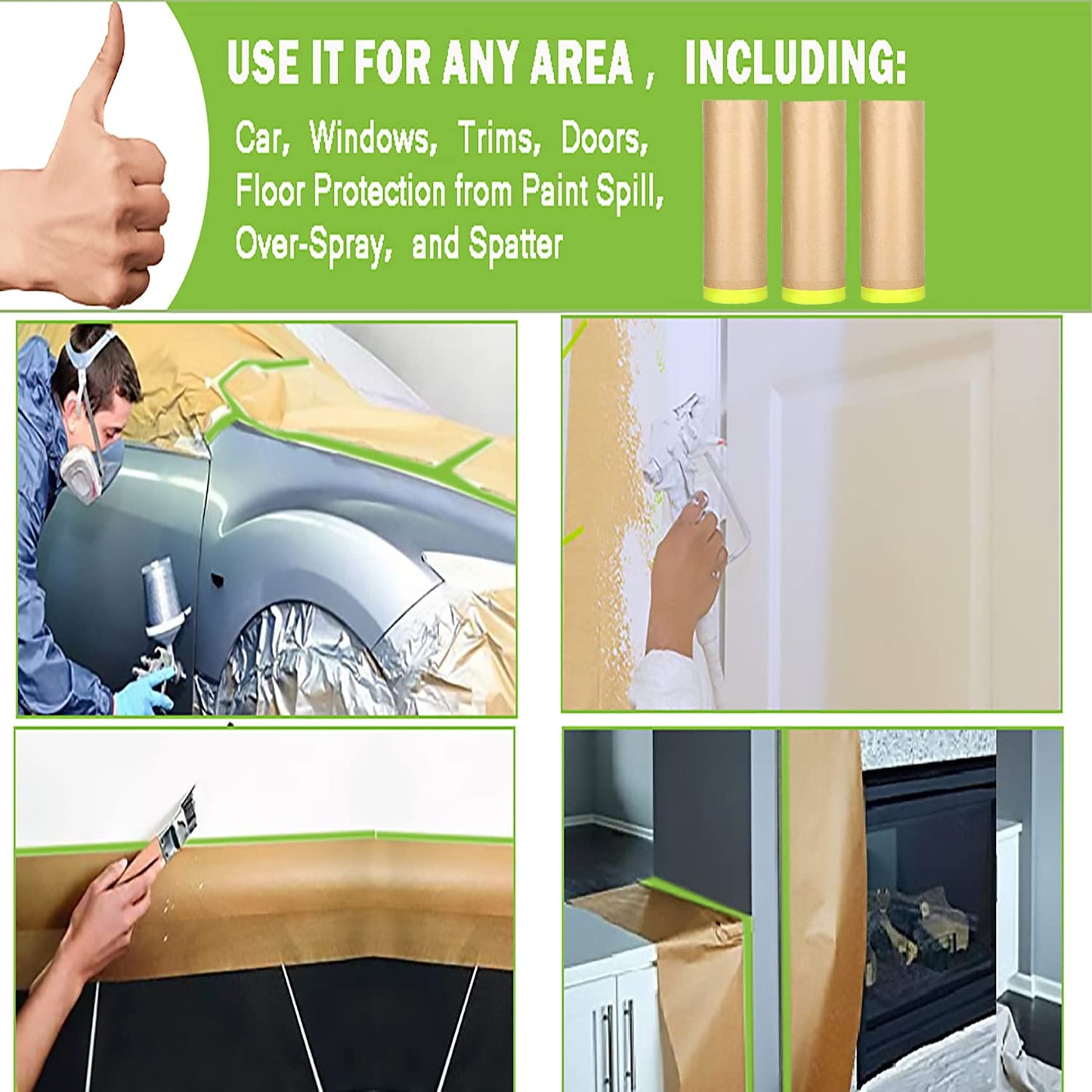 Pre-Taped Masking Paper for Painting-18 inch x 50 feet Tape and Drape for Painting, Painters Paper for Automotive Paint Masking, Floor Protection,Wall Covering