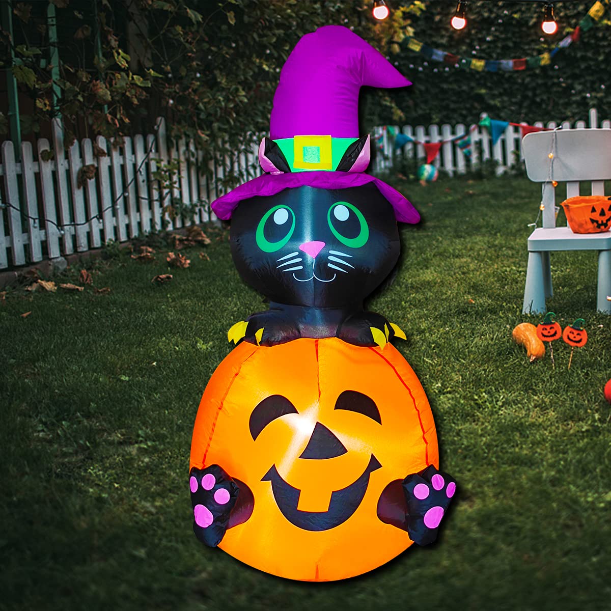 Poptrend 4 FT Inflatable Halloween Black Cat & Pumpkin Outdoor Blow Up Yard Decorations with Internal LED Lights