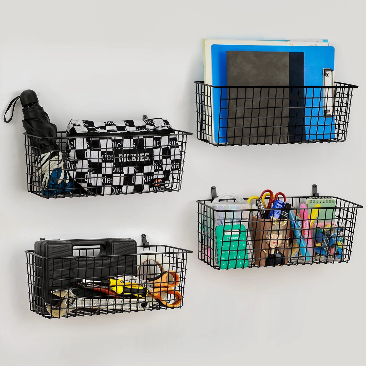 4 Set [Extra Large] Hanging Wall Basket for Storage, Wall Mount Sturdy Steel Wire Baskets, Metal Hang Cabinet Bin Wall Shelves, Rustic Farmhouse Decor, Kitchen Bathroom Organizer, Black