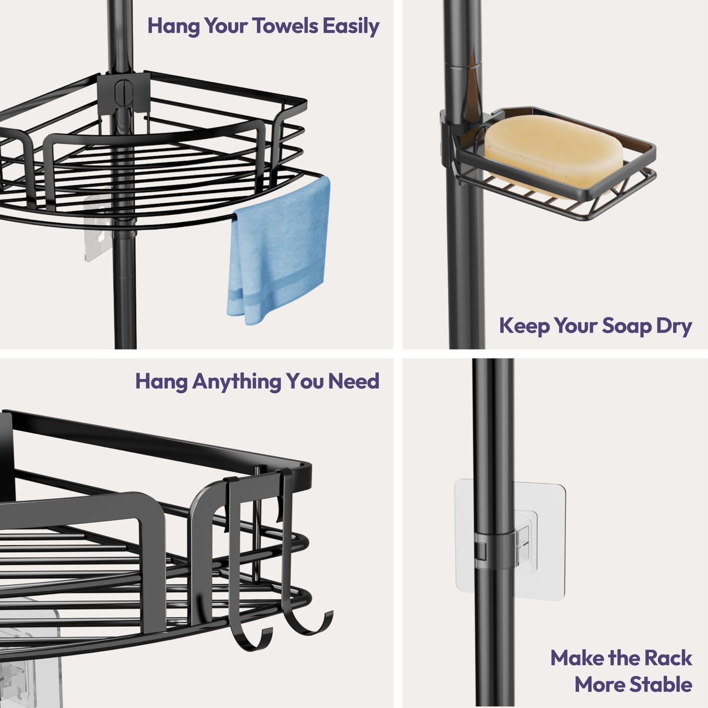 SWTYMIKI Shower Caddy Tension Pole - Rustproof Tension Shower Caddy Corner with Towel Bar & Soap Holder, Adjustable Shower Shelves Shower Organizer for Bathroom Storage, 27.6-108.3 inch, Black