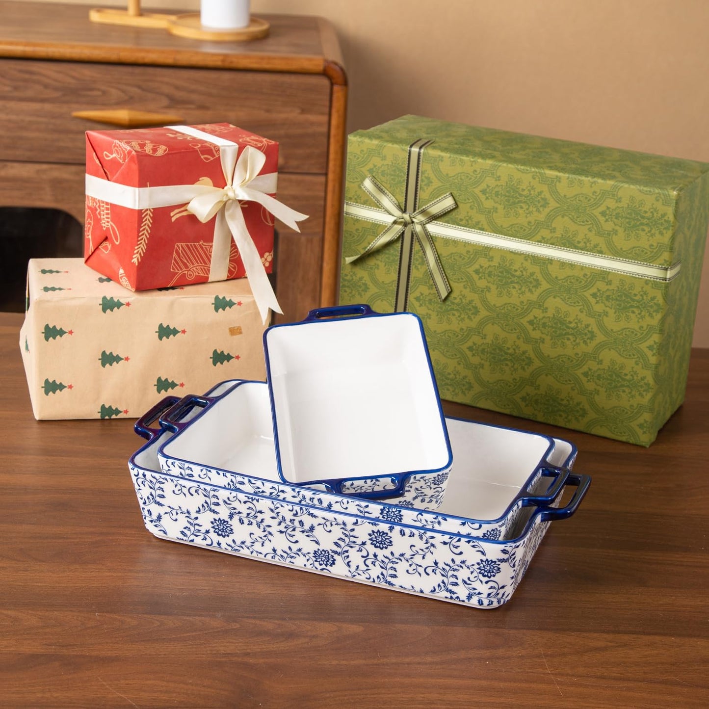 Cerkik Ceramic Bakeware Set - Casserole Dish Baking Dishes for Oven - Rectangular Lasagna Pans with Handles for Kitchen Cooking - Microwave & Dishwasher Safe - Set of 3 (15.1''/13.6''/9.9'') - Blue