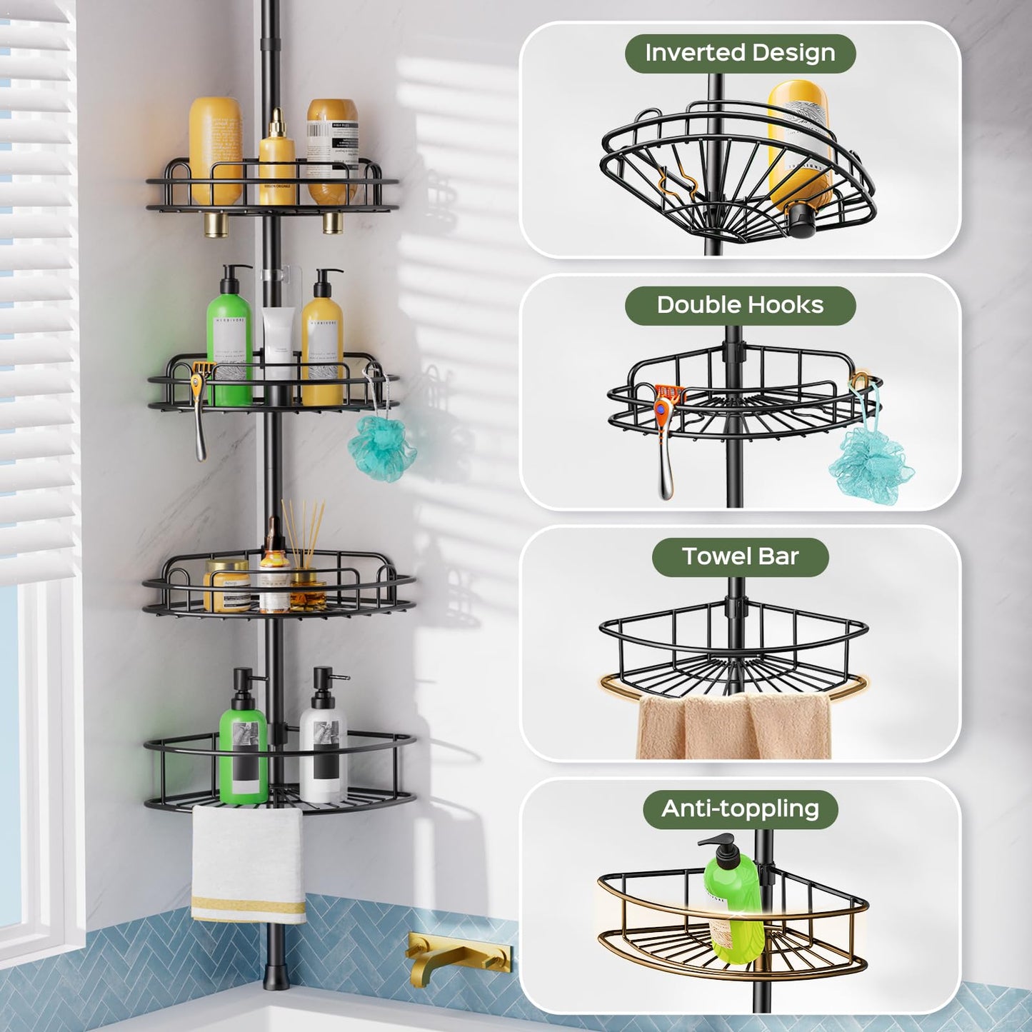 HAMITOR Corner Shower Caddy Tension Pole: 4-Tier Stainless Steel Bathroom Organizers Shelves, High Capacity Bathroom Storage Rack for Shampoo, Soap and Towel-Adjustable from 47 to 121 in, Black