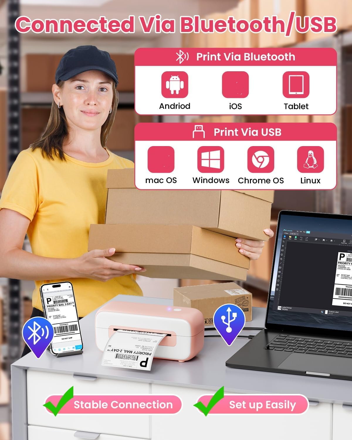 Phomemo Bluetooth Shipping Label Printer for Canada Post, Thermal Label Printer 4x6 for Small Bussines, Compatible with Amazon Temu Shopify Etsy UPS FedEx DHL