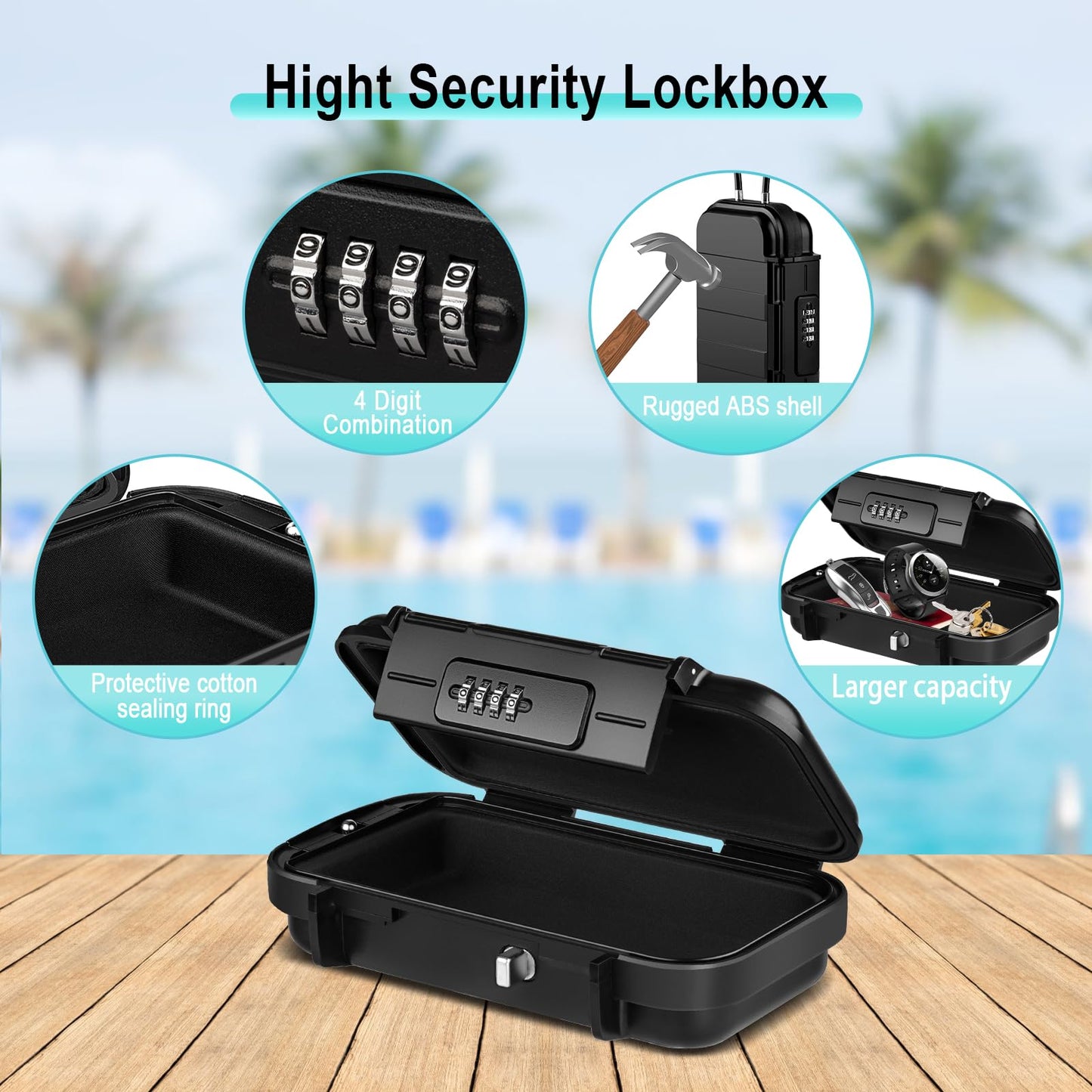 BKNOOU Travel Safe Portable Beach Safe Box Small Combination Safe Anti-Theft Lock Box Safe Waterproof Mini Security Case with Removable Wire Rope Security Box for Home,Office,Hotel,Cars,Travel (Black)