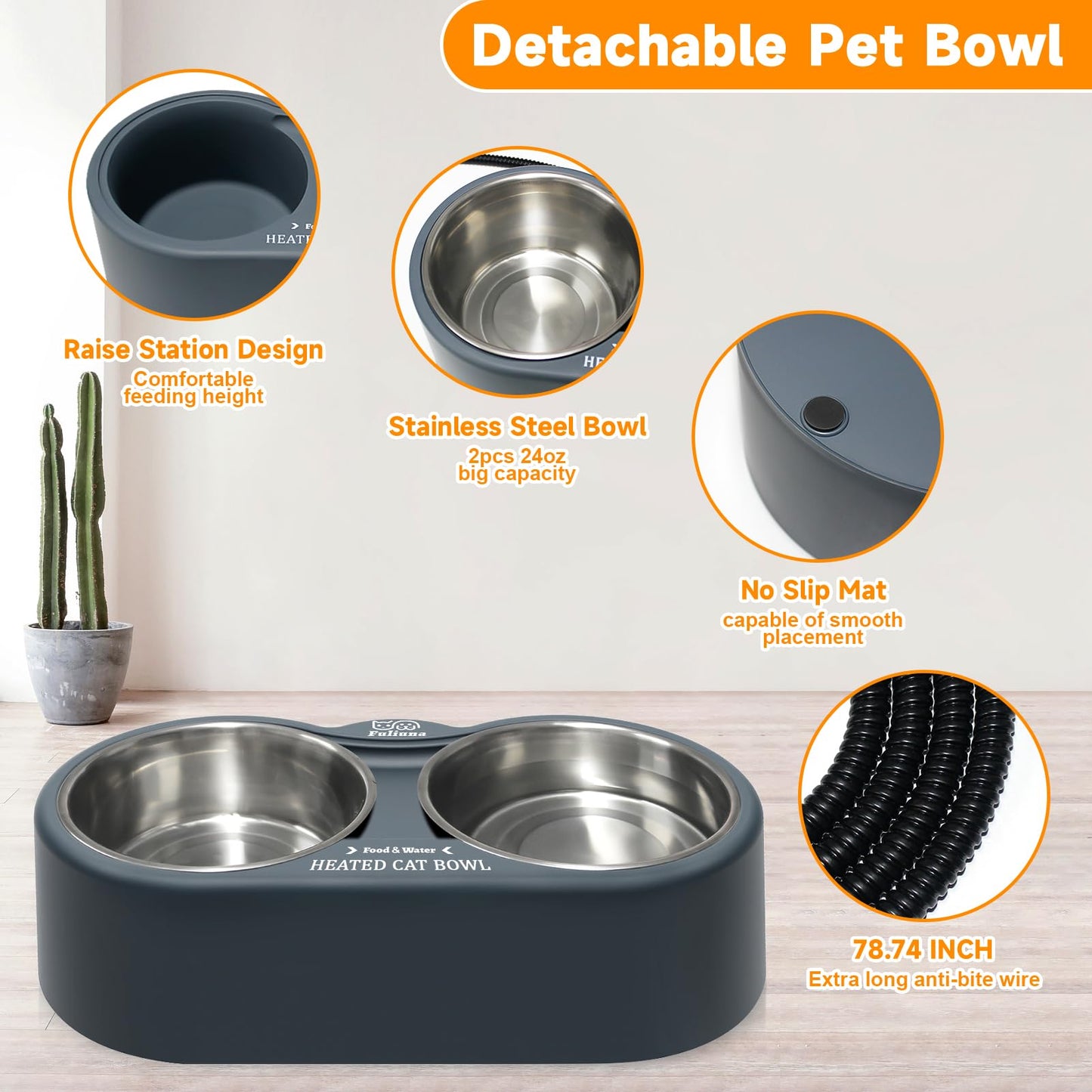 Fuliuna Heated Cat Bowl, Outdoor Heated Pet Bowl with Double Stainless Steel Bowl 24 OZ, Water Food Bowl for Cat Pet, Thermal Pet Bowl Provide Drinkable Water and Hot Food in Winter