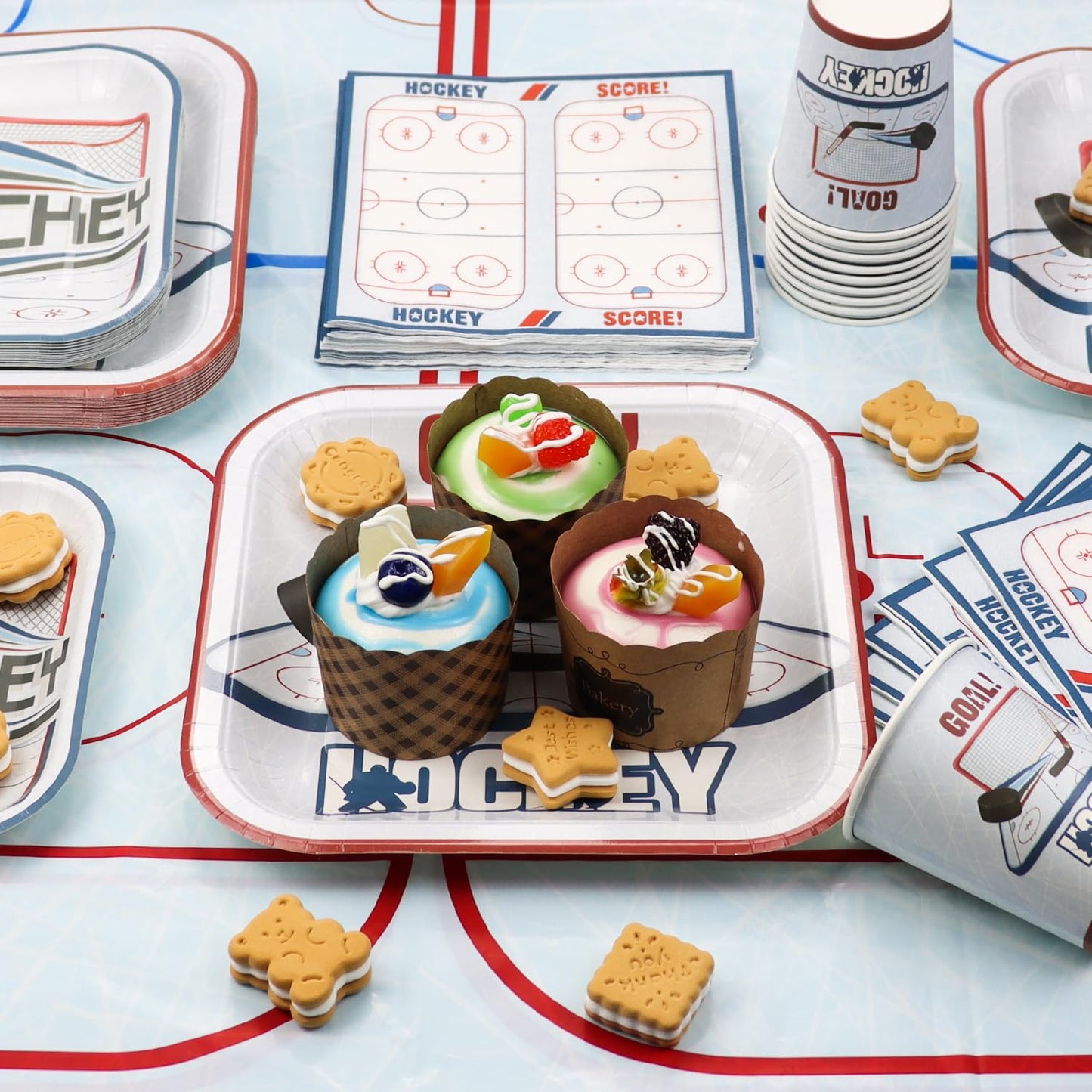 Hockey Birthday Decorations - Ice Hockey Tableware Pack, Disposable Hockey Theme Plates, Napkins, Tablecloth for Kids Fans Sports Hockey Birthday Party Supplies, Serve 40