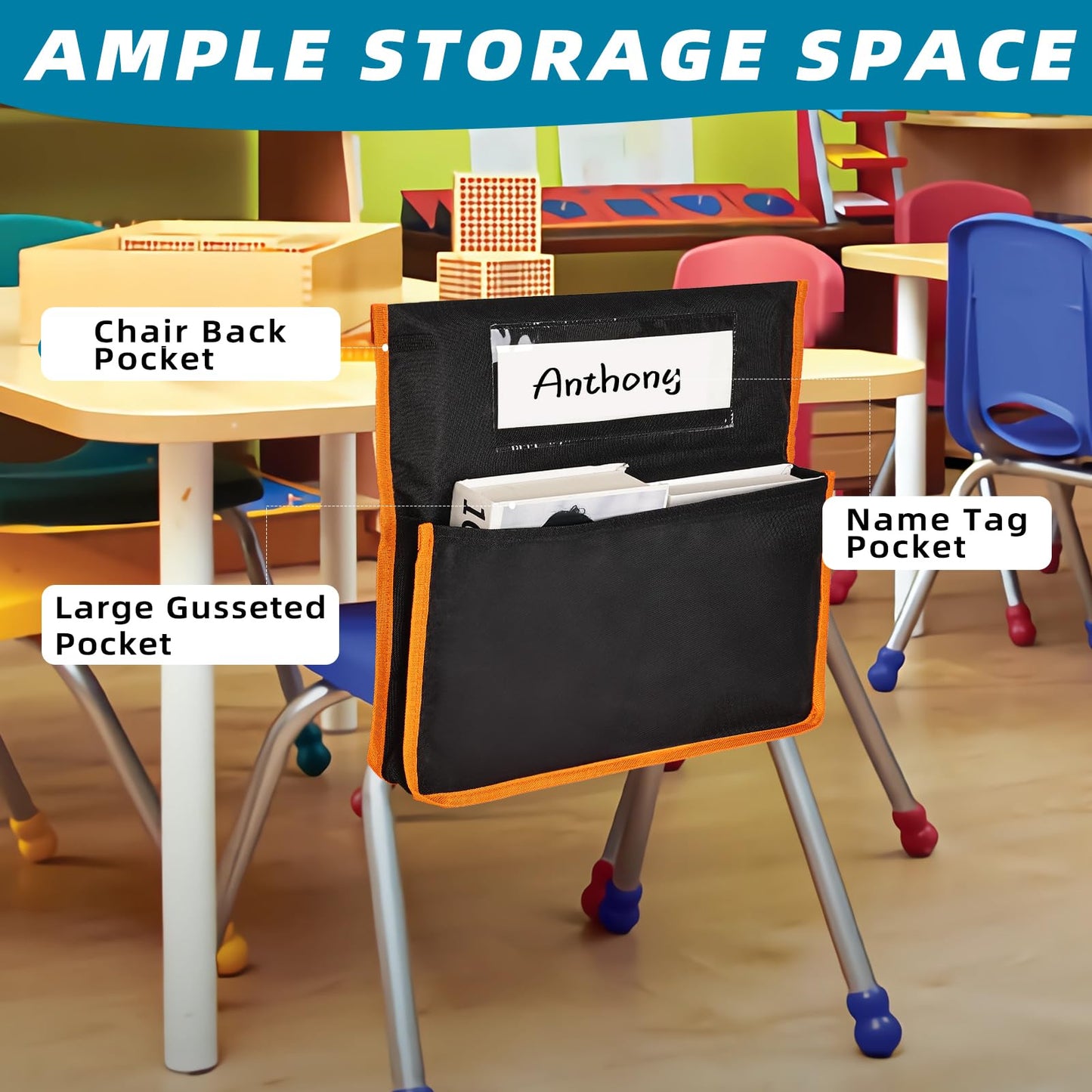 Runpig 12 Pcs Classroom Chair Pockets, 17 x 15 inch, Seat Sacks for Classroom Chairs, Buddy Pocket, Chart Seat Back Organizer with Name Tag