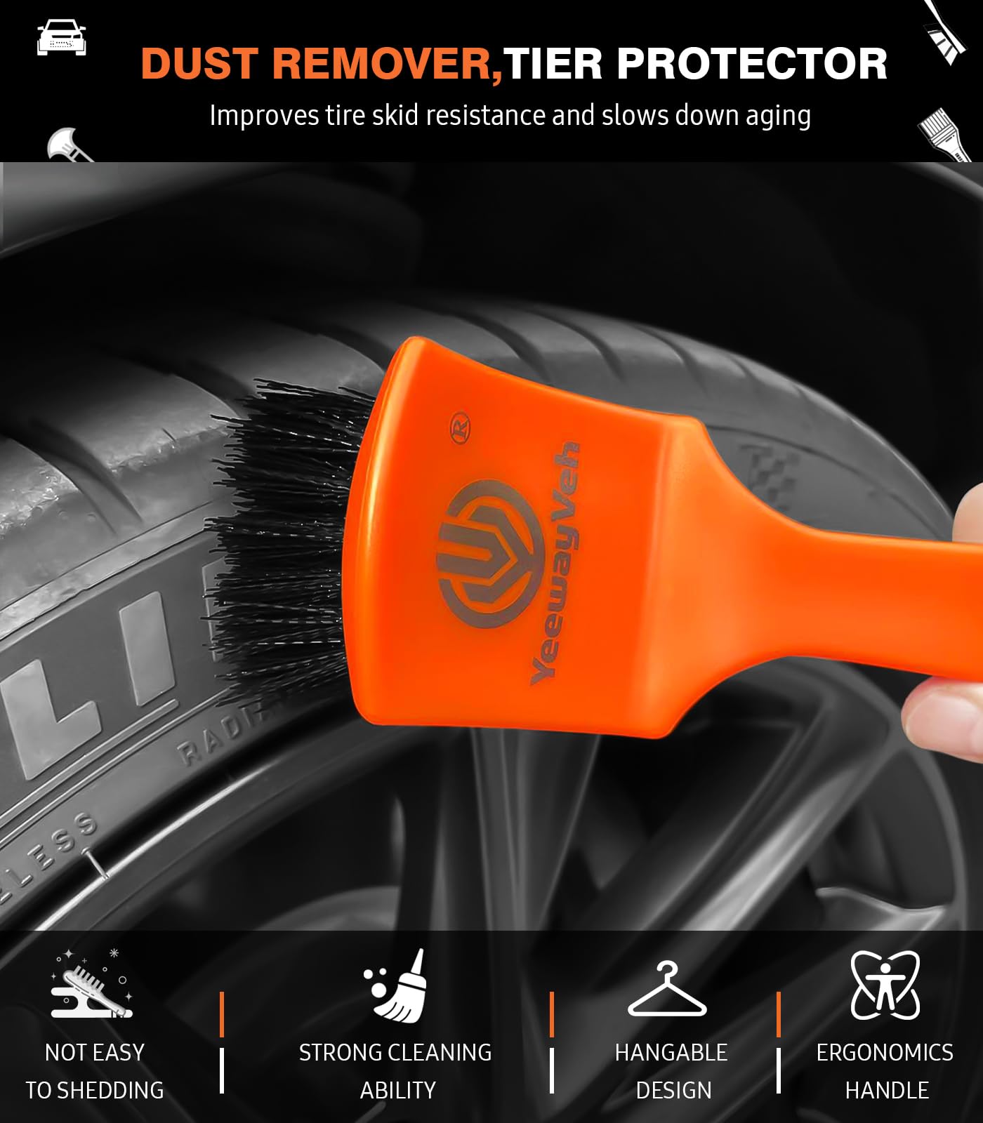 YeewayVeh 8PCS Wheel Brush Kit, Pro Synthetic Wool Rim Cleaner & Tire Brush Set, Scratch-Free Bendable Wheel Cleaning Brushes for Rims & Spokes, with Tire Shine Applicator & Detailing Brush, Orange