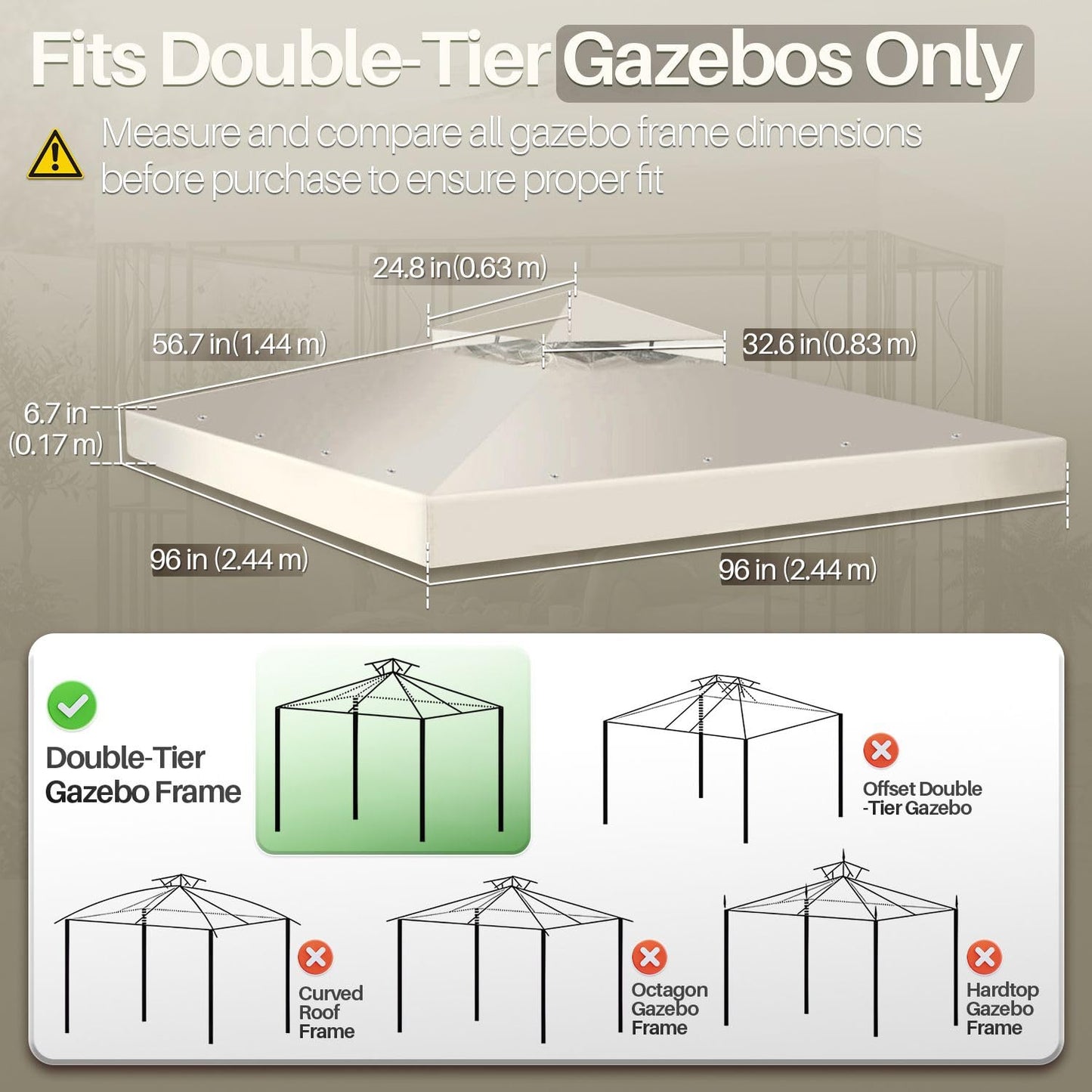 Flexzion Gazebo Cover Replacement Canopy Top 8x8 Ft (2.4m x 2.4m) - Double Tier Top Canopy Cover Replacement with UV30+, Dirt, Water Resistant for Outdoor, Sunshade, Garden, Patio, Pavilion (Ivory)