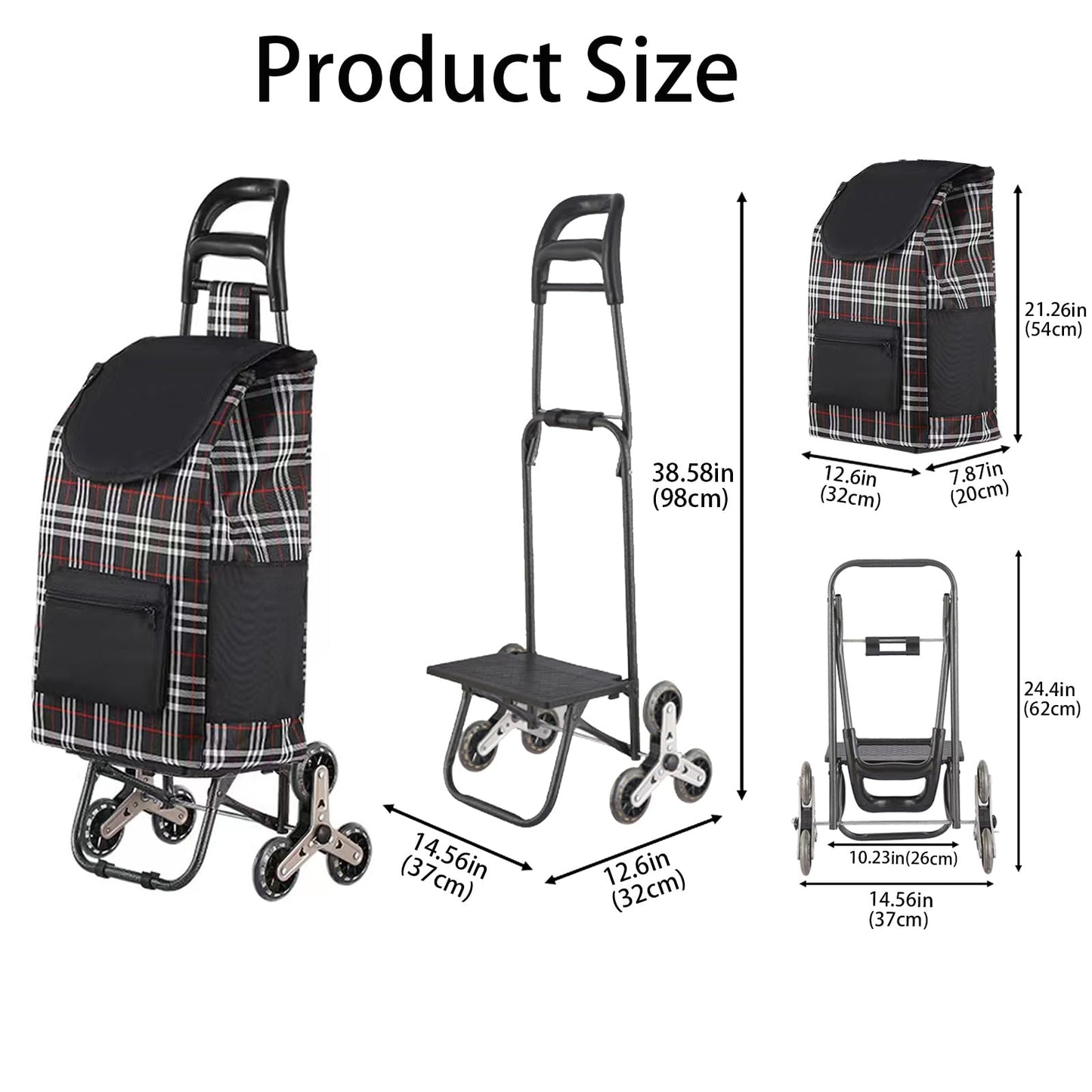 Tlingsd Folding Shopping Cart, Tri-Wheels Stair Climbing Grocery Utility Cart with Wheel Bearings Stainless Steel Frame and Detachable Waterproof Canvas Bag (Black, 6 Wheels)