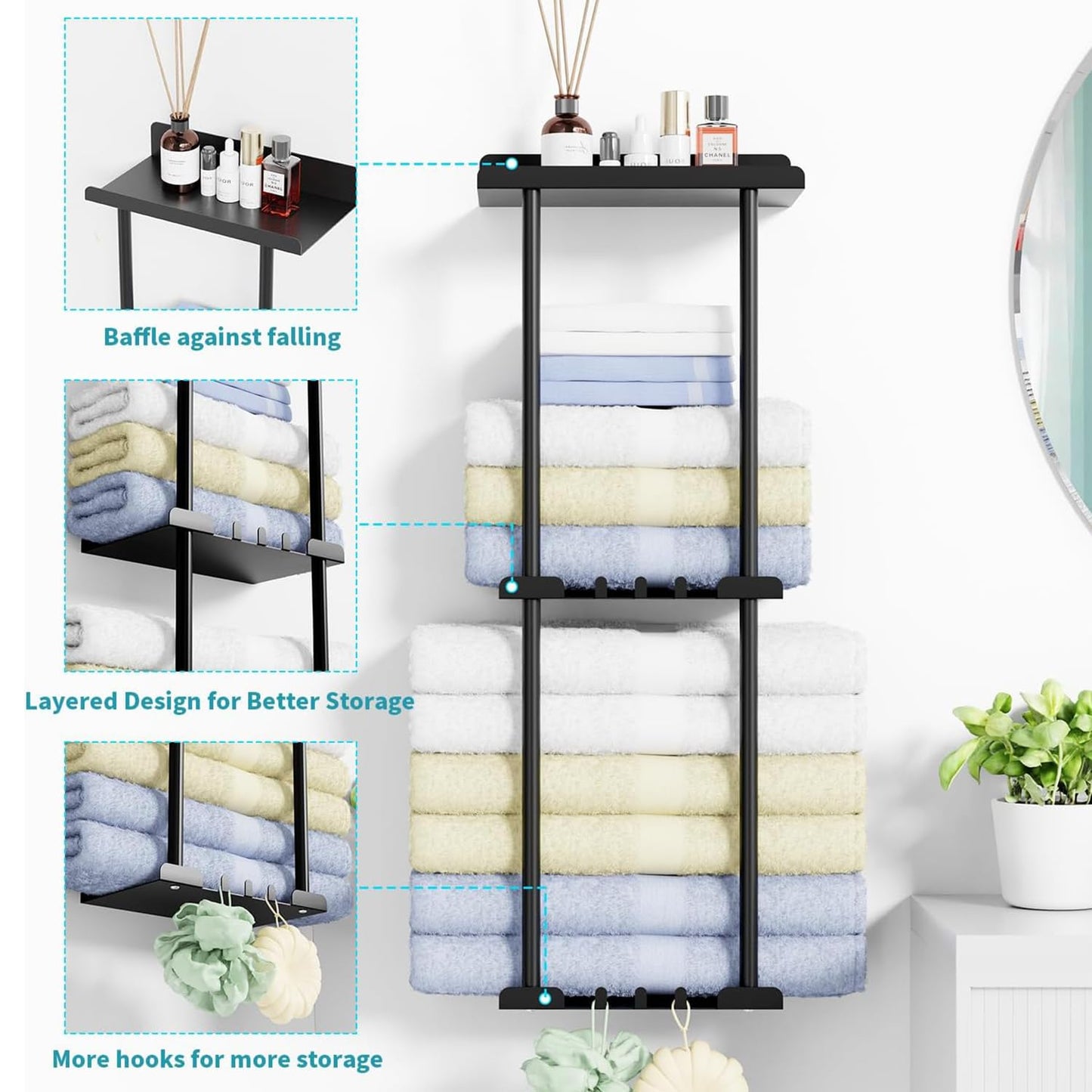 Towel Racks for Bathroom, No Drilling Towel Holder Towel Rack, Towel Storage Wall Mounted, Adjustable Towel Rack Bathroom Storage, Bathroom Towel Holder Towel Shelf for Rolled or Folded Towels, Black