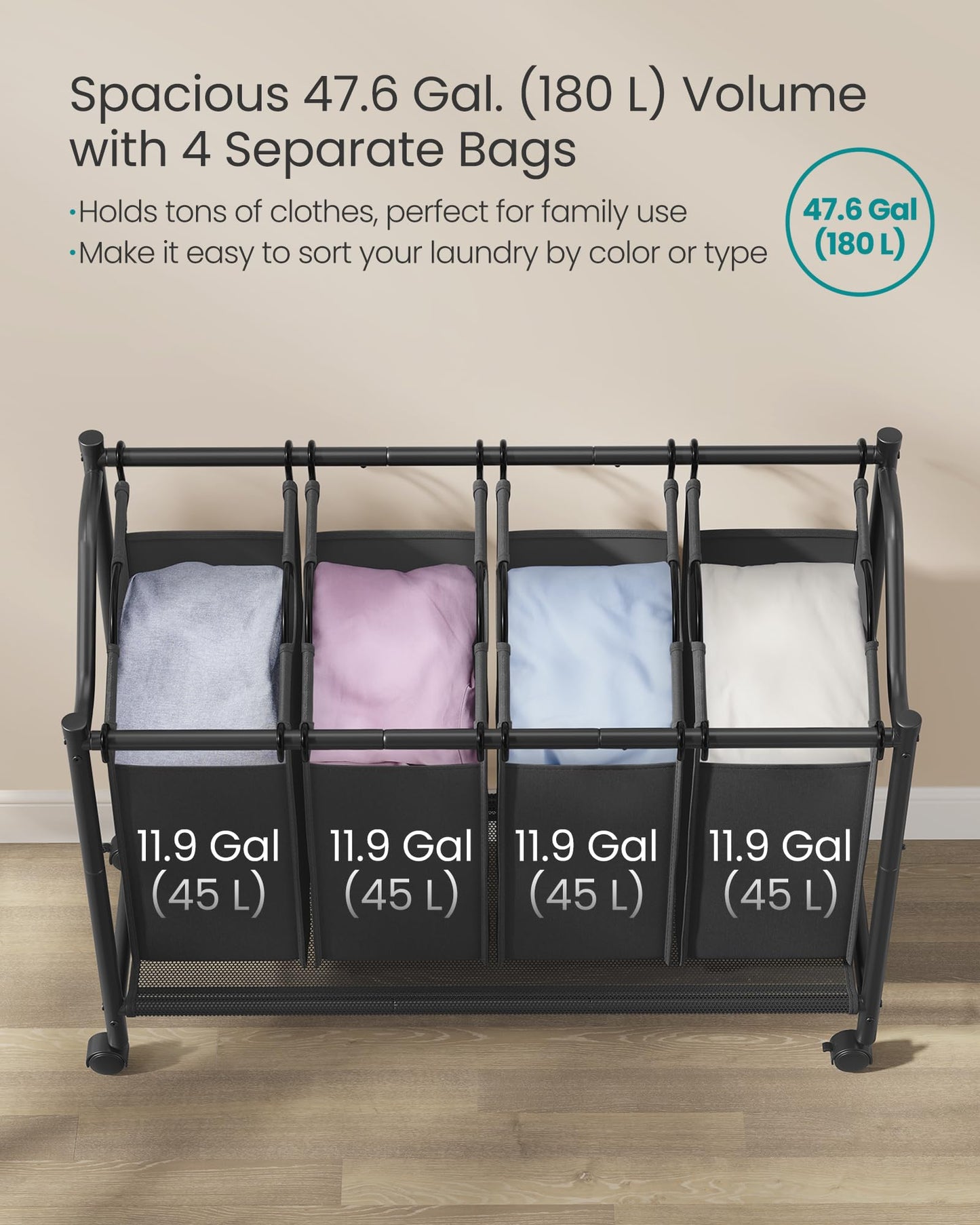 SONGMICS Laundry Sorter, Rolling Laundry Basket with 4 Removable Bags, Laundry Hamper, Laundry Cart, for Laundry Room, Bedroom, Bathroom, 4 x 11.9 Gallons, Ink Black URLS103B01