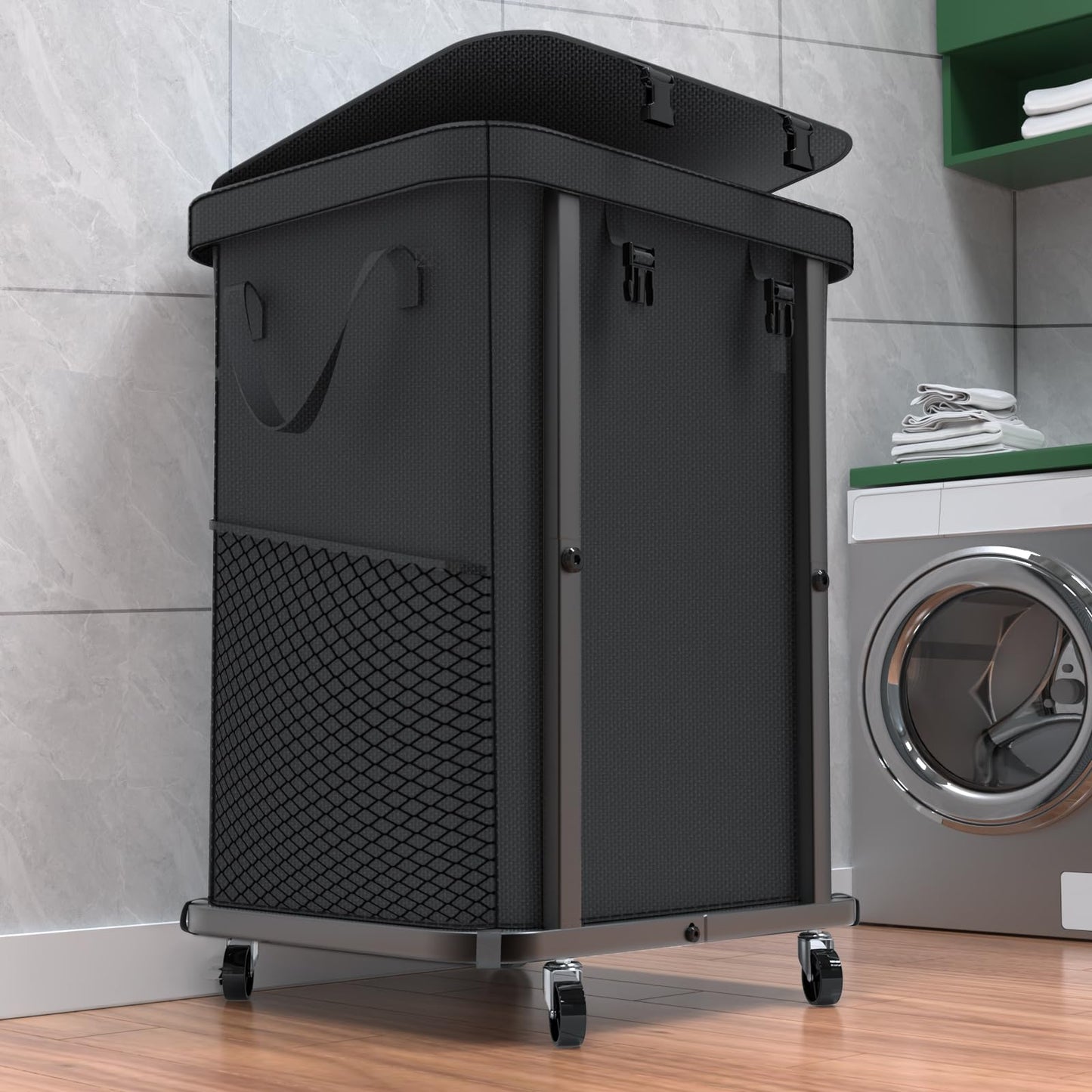 40 Gal(150L) High Grade Large Laundry Basket with Wheels, Rolling Laundry Hamper, Laundry Cart with Metal Frame and Removable Bag Design, Suitable for Laundry Room, Bedroom (Black, 150L)