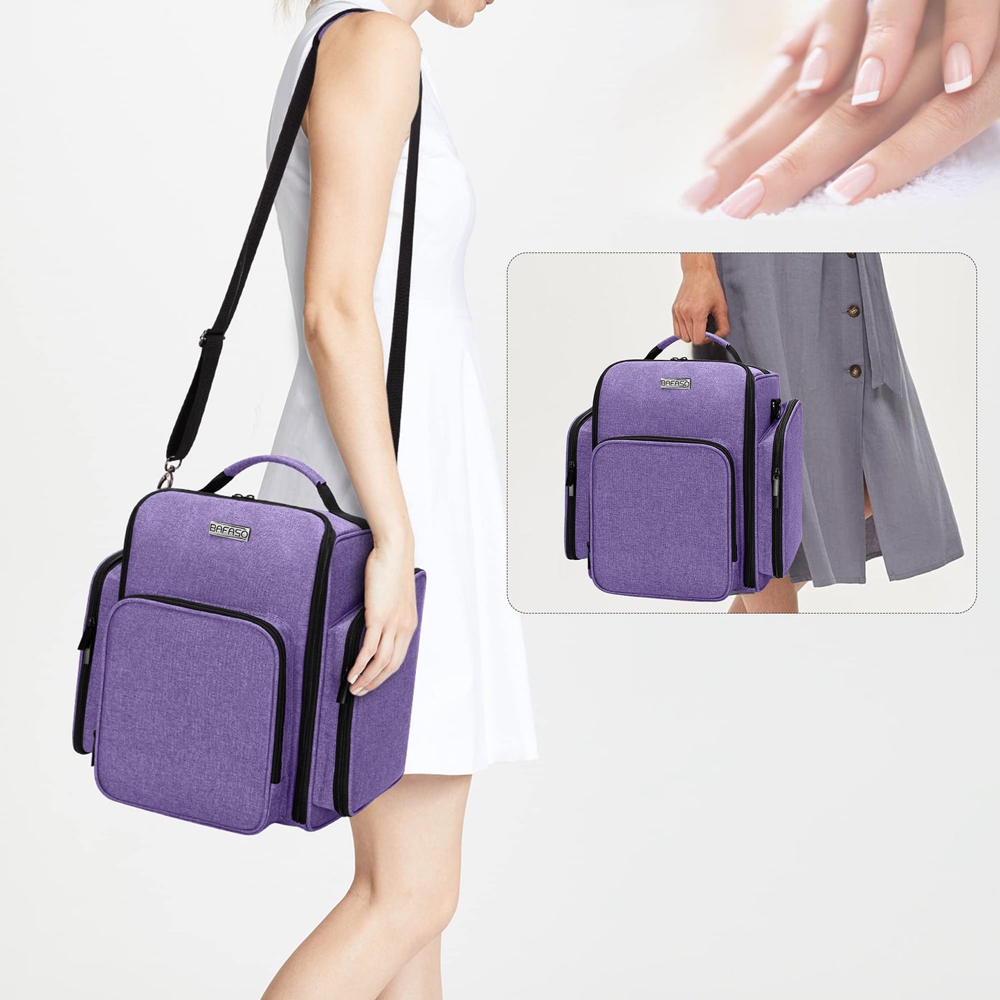 BAFASO Nail Polish Organizer Holds 72 Bottles (15ml - 0.5 fl.oz), Large Nail Polish Case with 3 Removable Pouches and Multiple Storage Sections (Bag Only), Purple, Patented