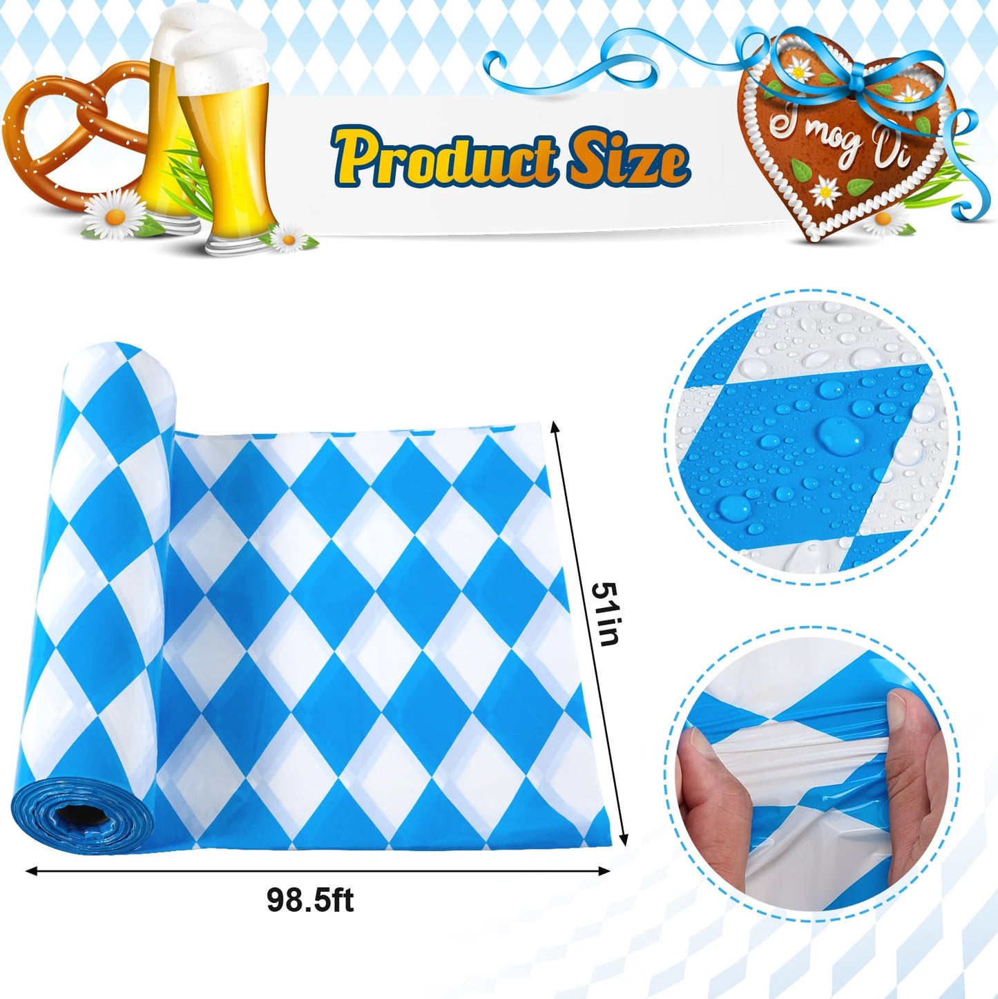 51 in x 98.5 Ft Oktoberfest Plastic Table Cloth Roll with Cutter Box,Disposable Blue and White Diamond Table Cloth,Waterproof Bavarian Flag Tablecover for German Oktoberfest Party Decorations