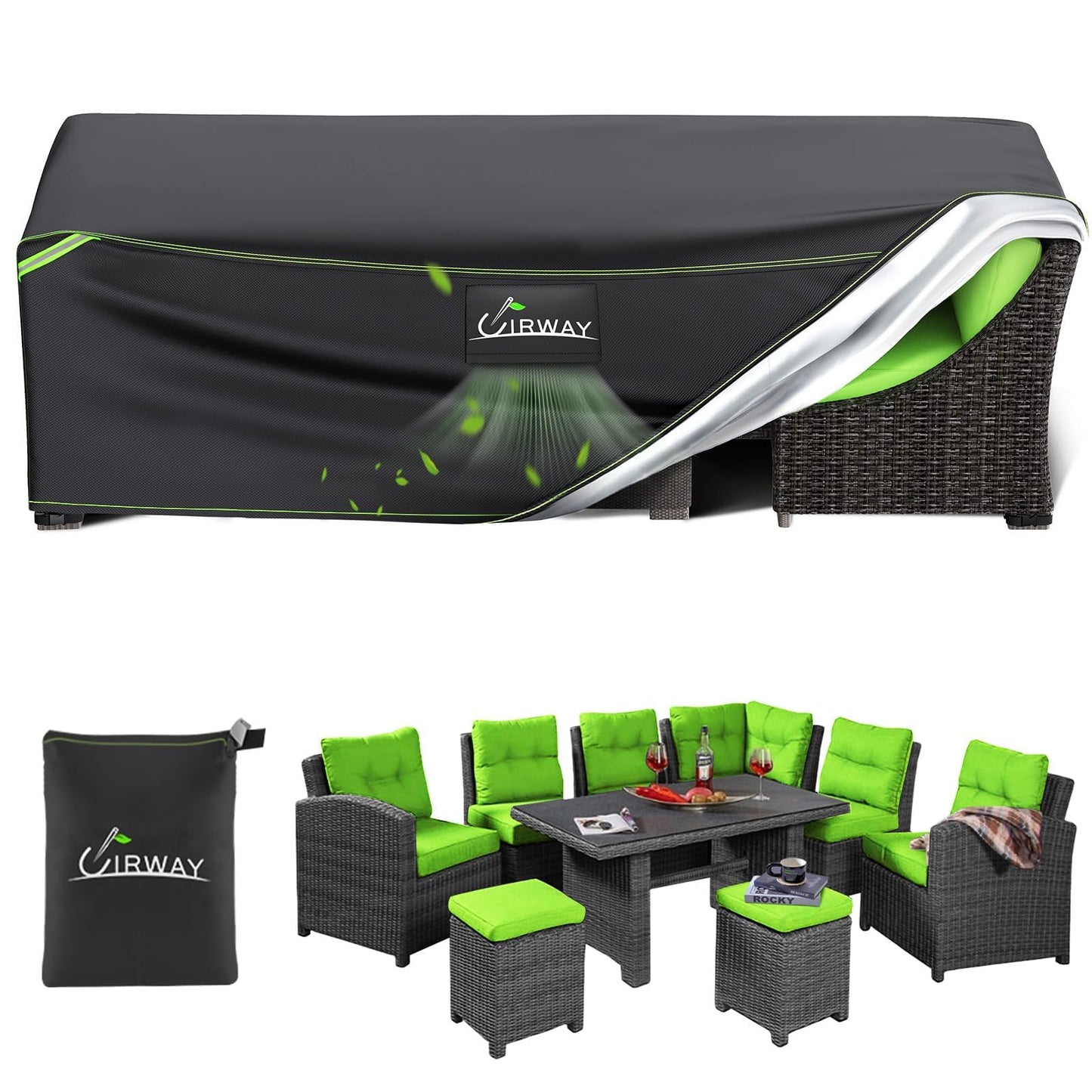 UIRWAY Patio Furniture Coves, 111"L×84"W×28"H Outdoor Sectional Sofa Cover Windproof, Heavy Duty 420D Patio Cover for Outside Garden Dining Table and Chair Set Cover Rectangular with Reflective Strips